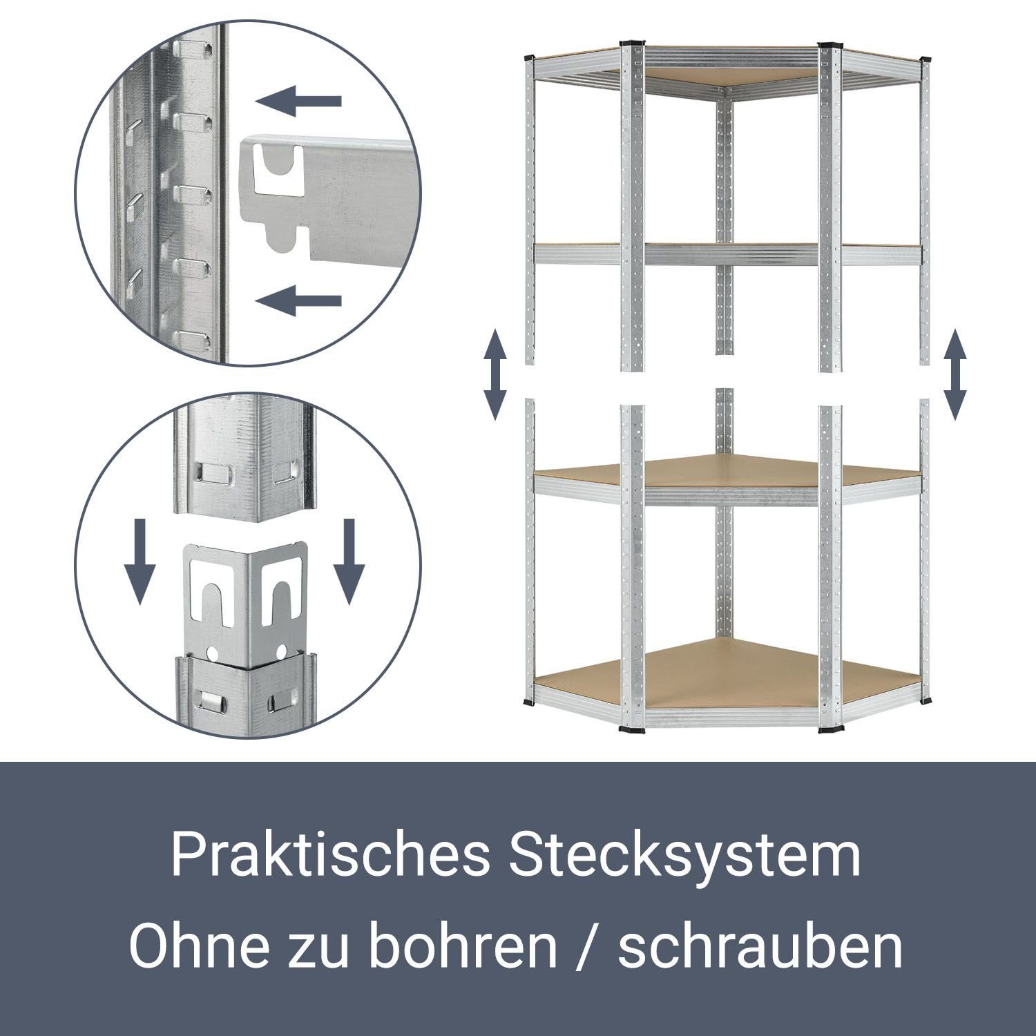 Juskys Eckregal Corner Easy, 1-tlg., Schwerlastregal aus verzinktem Metall mit 4 Einlegeböden