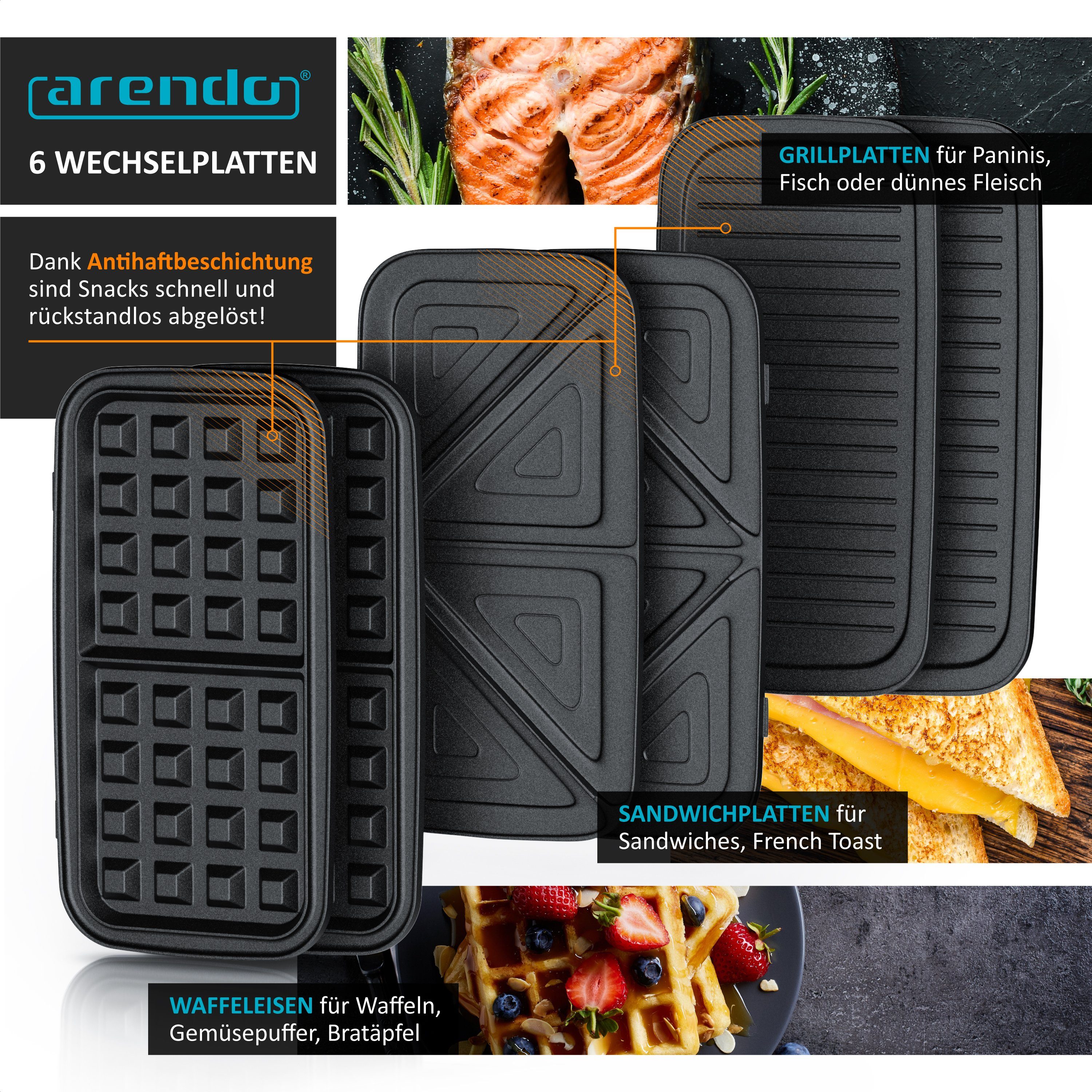 Arendo 3-in-1-Sandwichmaker, Waffeleisen & Kontaktgrill, Antihaftbeschichtete abnehmbare Platten
