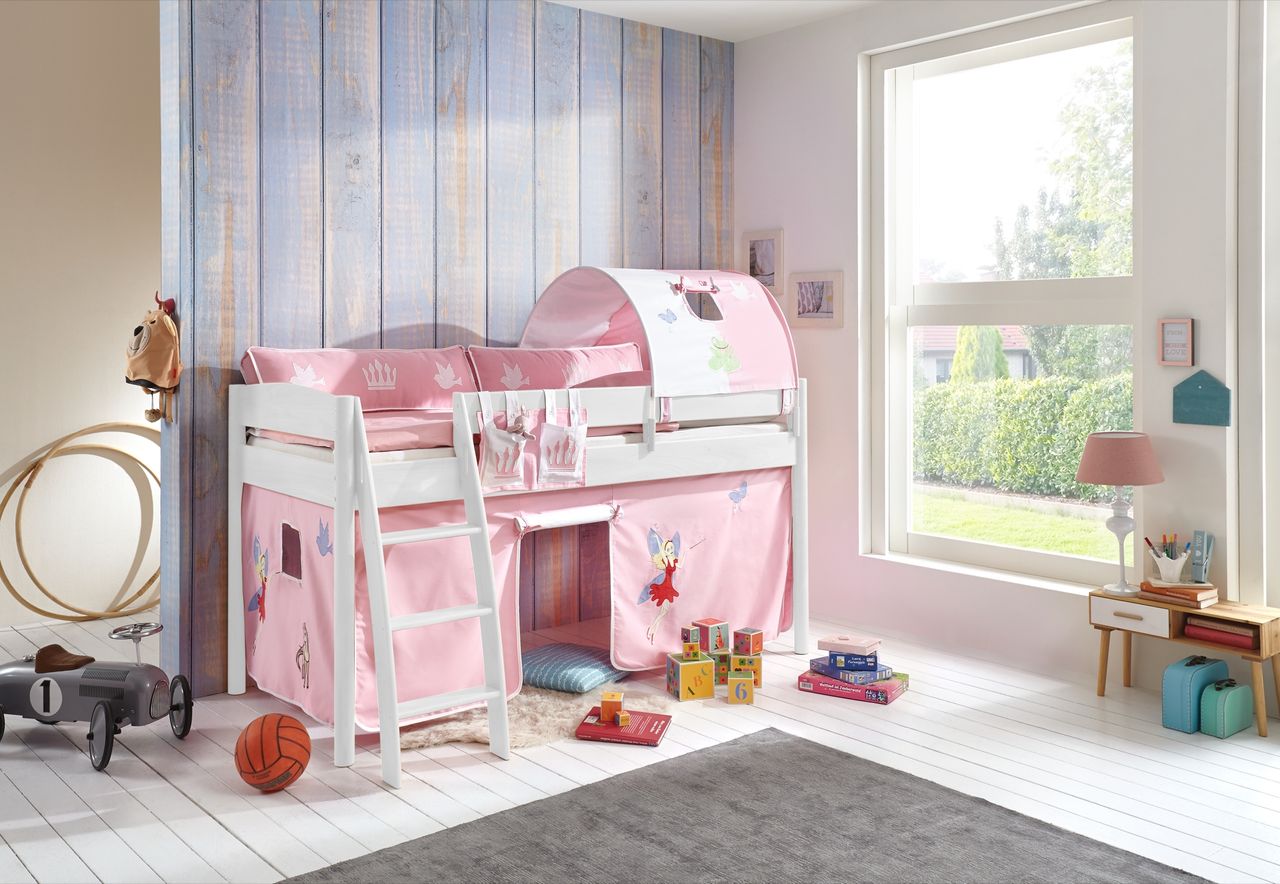 Relita Halbhohes Bett MICHELLE 90x200 cm Buche massiv weiß lackiert, mit Textilset Vorhang, 1-Tunnel, Tasche Princess