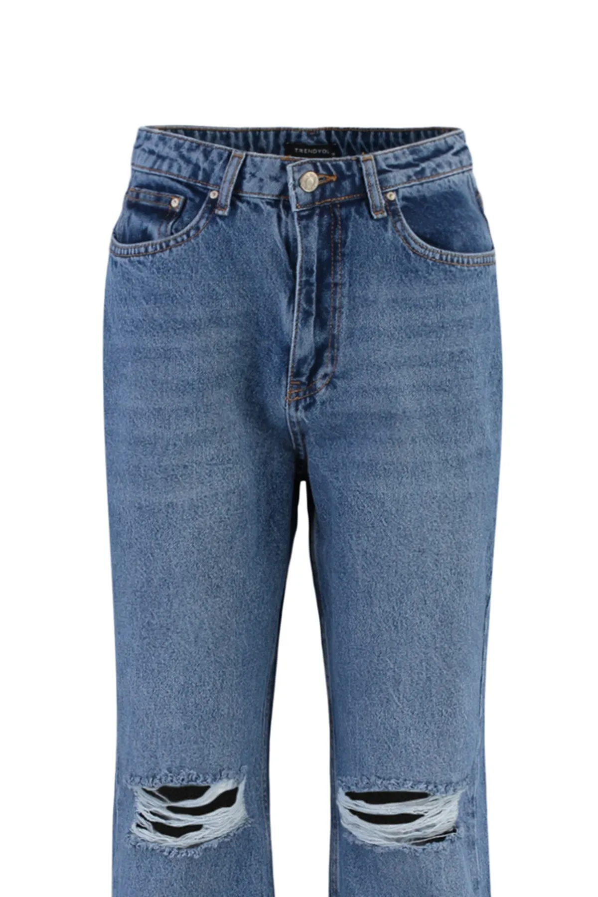 Trendyol Collection  Dunkelblaue Jeans mit weitem Bein und hoher Taille im 90er-Stil mit Rissen