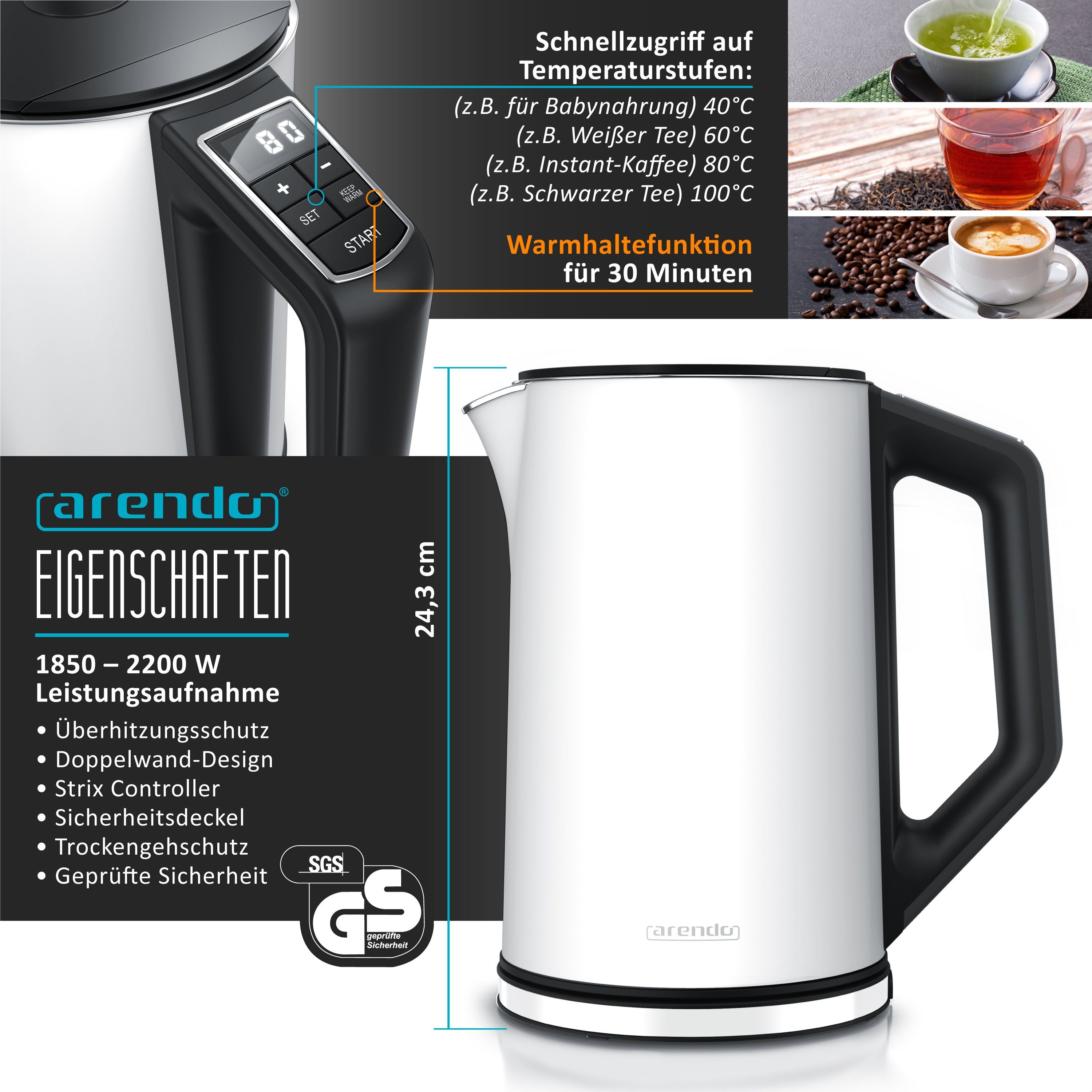 Arendo Frühstücks-Set (2-tlg), Edelstahl Wasserkocher 1,5l, 4-Scheiben Langschlitz Toaster, Weiß Matt