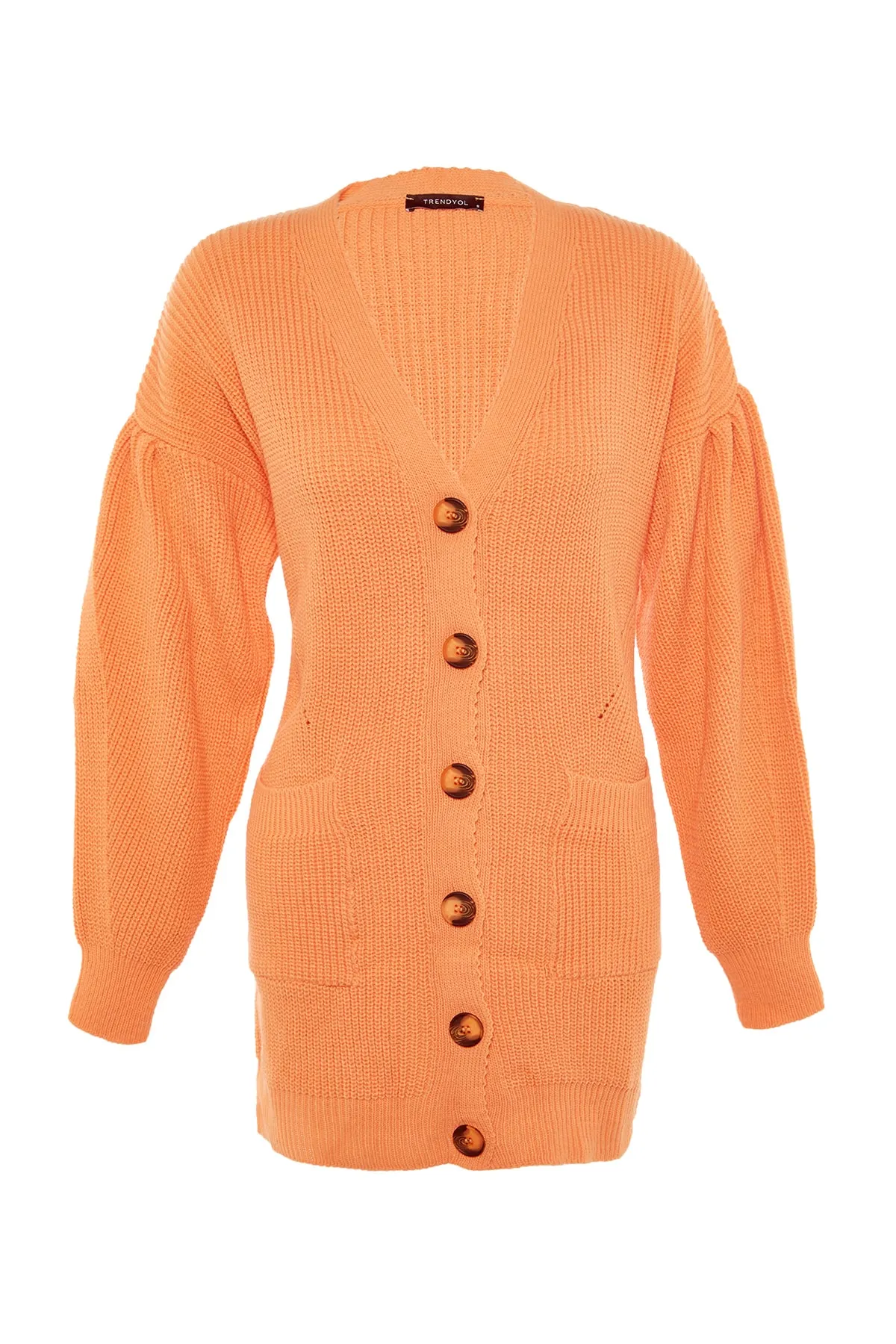 Trendyol Modest  Hellorangefarbener Thessaloniki-Strickpullover mit Knochenknöpfen und Taschendetails TCTAW23HI00026