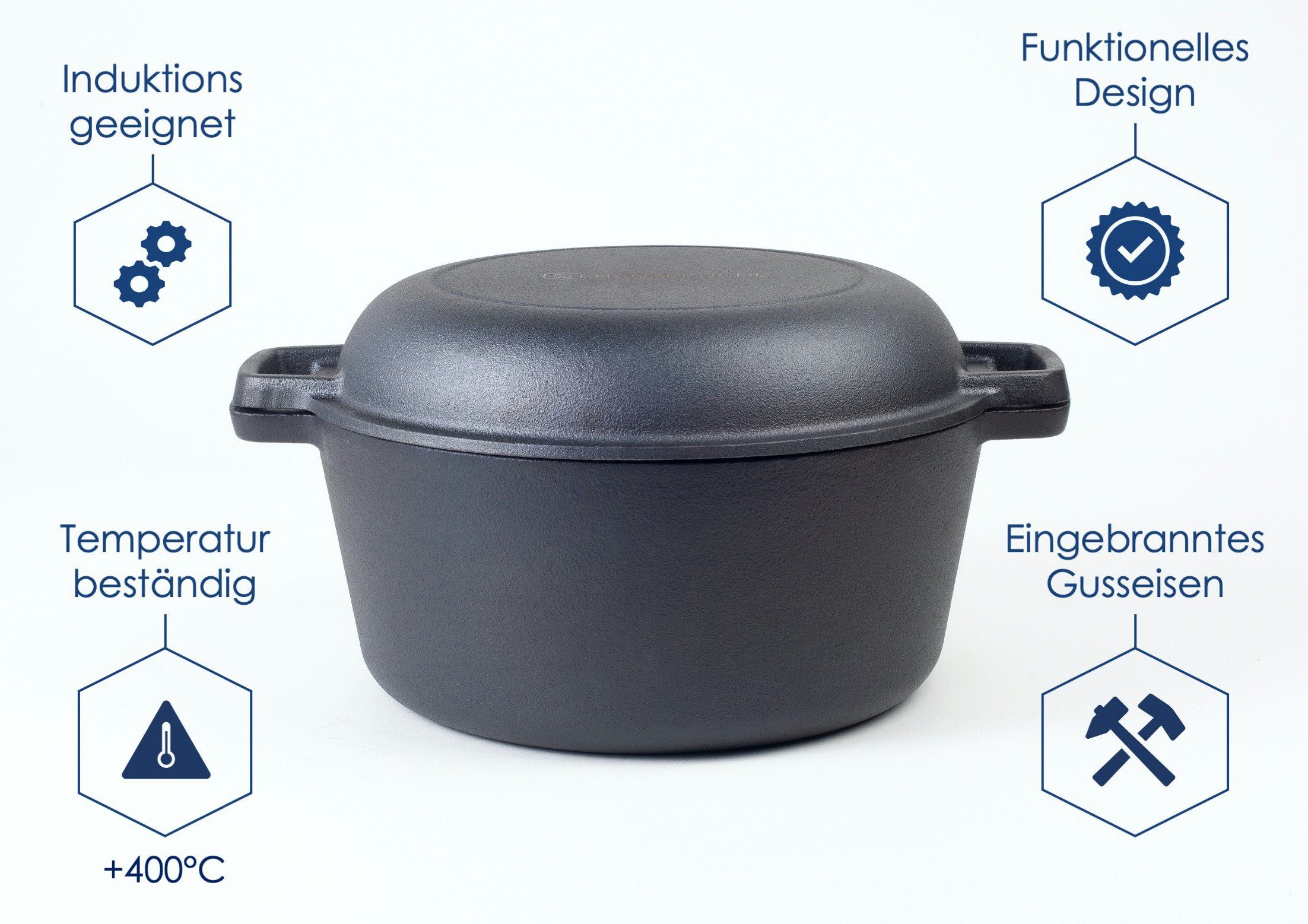 Hanseküche Grilltopf Gusseisen Topf – Eingebrannter Topf zum Brotbacken - Ø 26 cm, Gusseisen (2in1 Topf, 1-tlg., Topf und Deckel), Induktionsgeeignet, Temperaturbeständig, bis 400 Grad Celsius