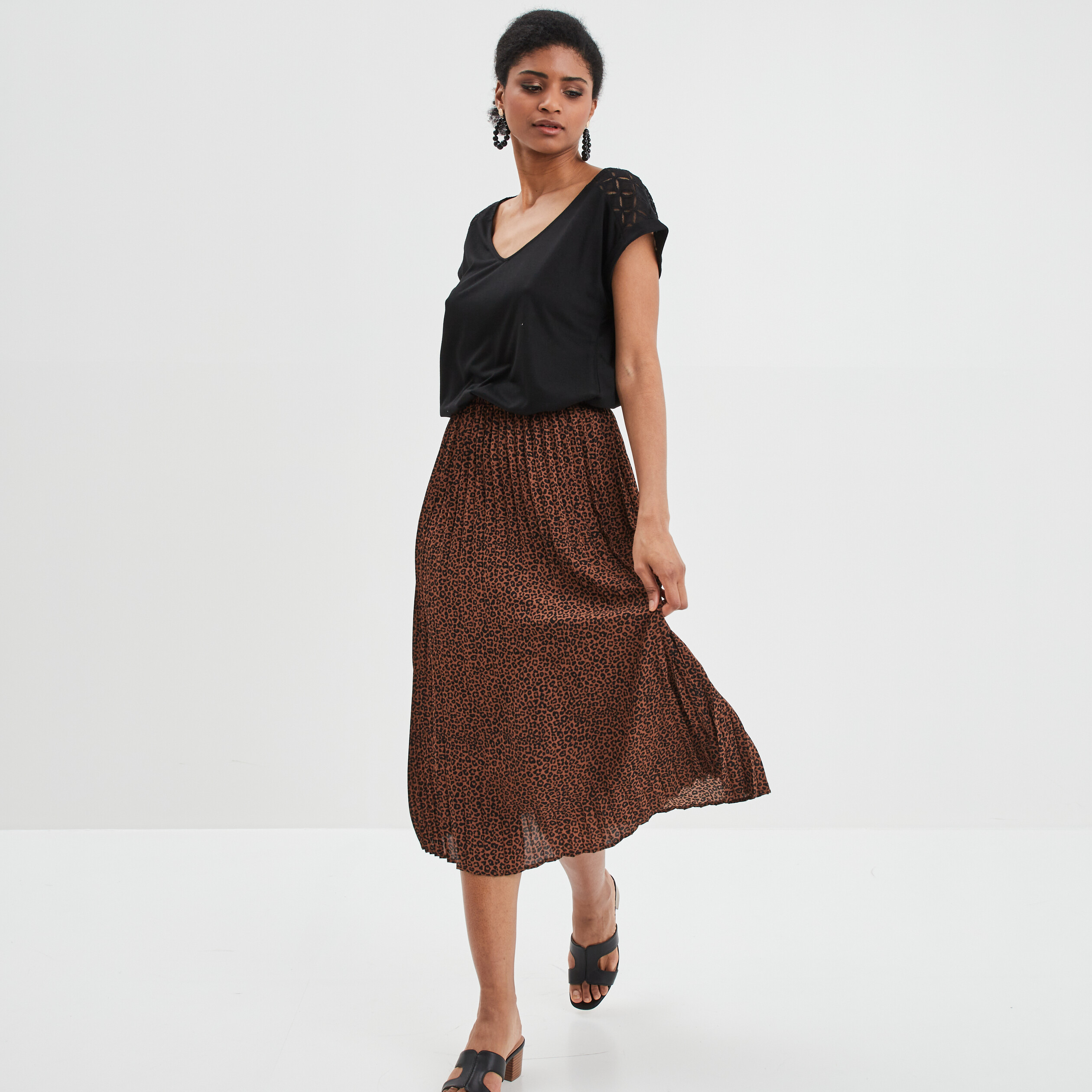 Jupe longue droite plissée marron femme | La Halle