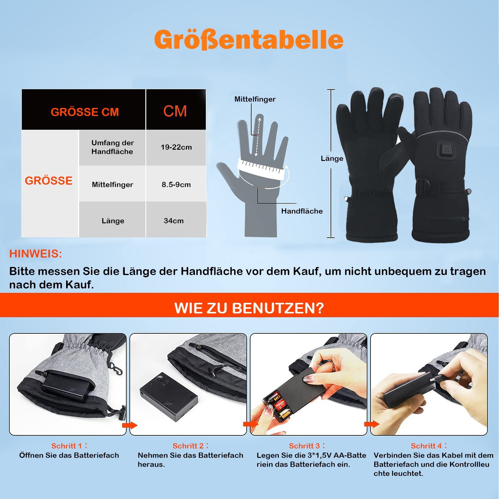 Rosnek Elektriker-Handschuhe Beheizt, 3 Stufen, wasserdicht, für Jagd Wandern Ski Winterarbeit (1 Paar) Touchscreen, Batterie