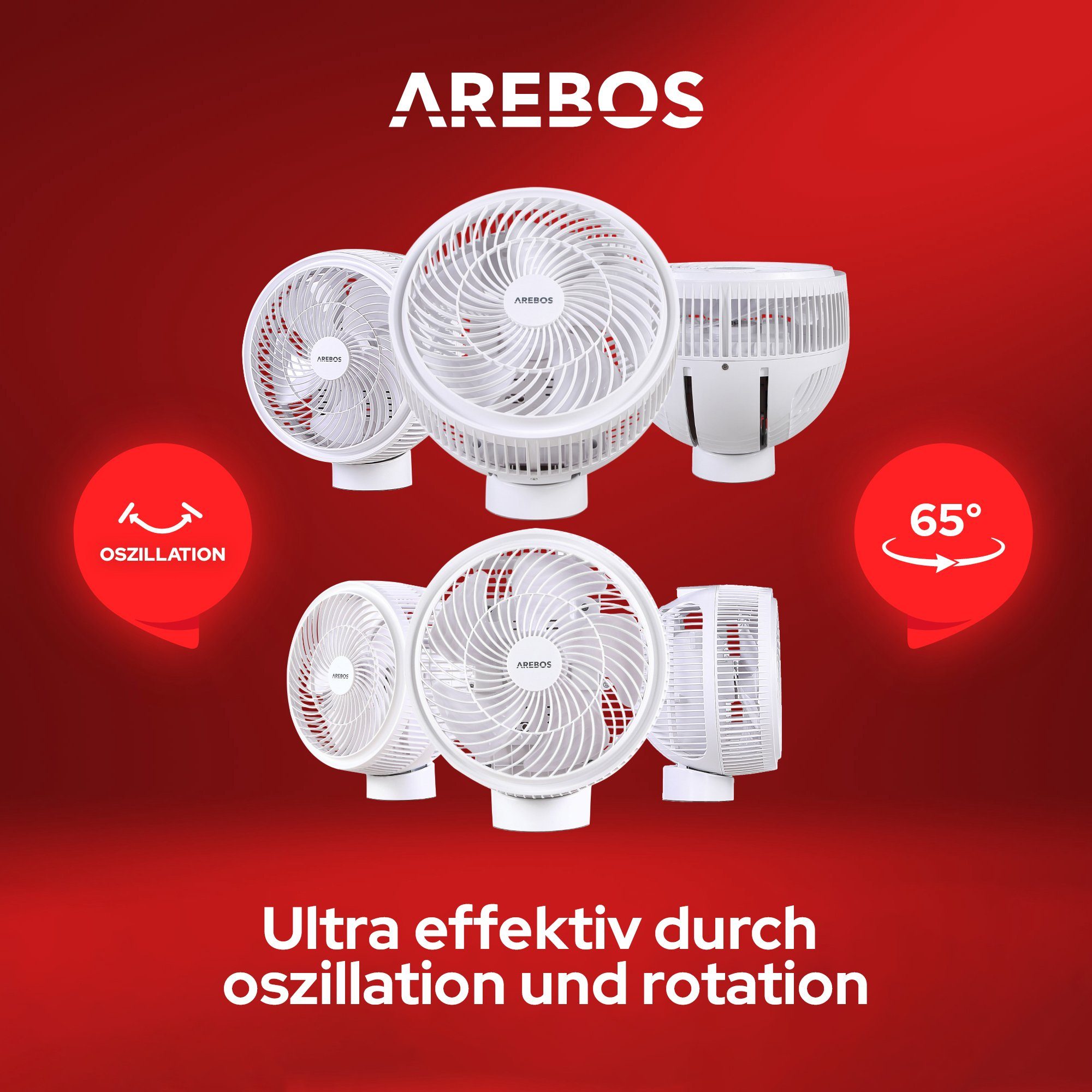 Arebos Tischventilator mit Timer, 55W, 3D Oszillation, 23,00 cm Durchmesser