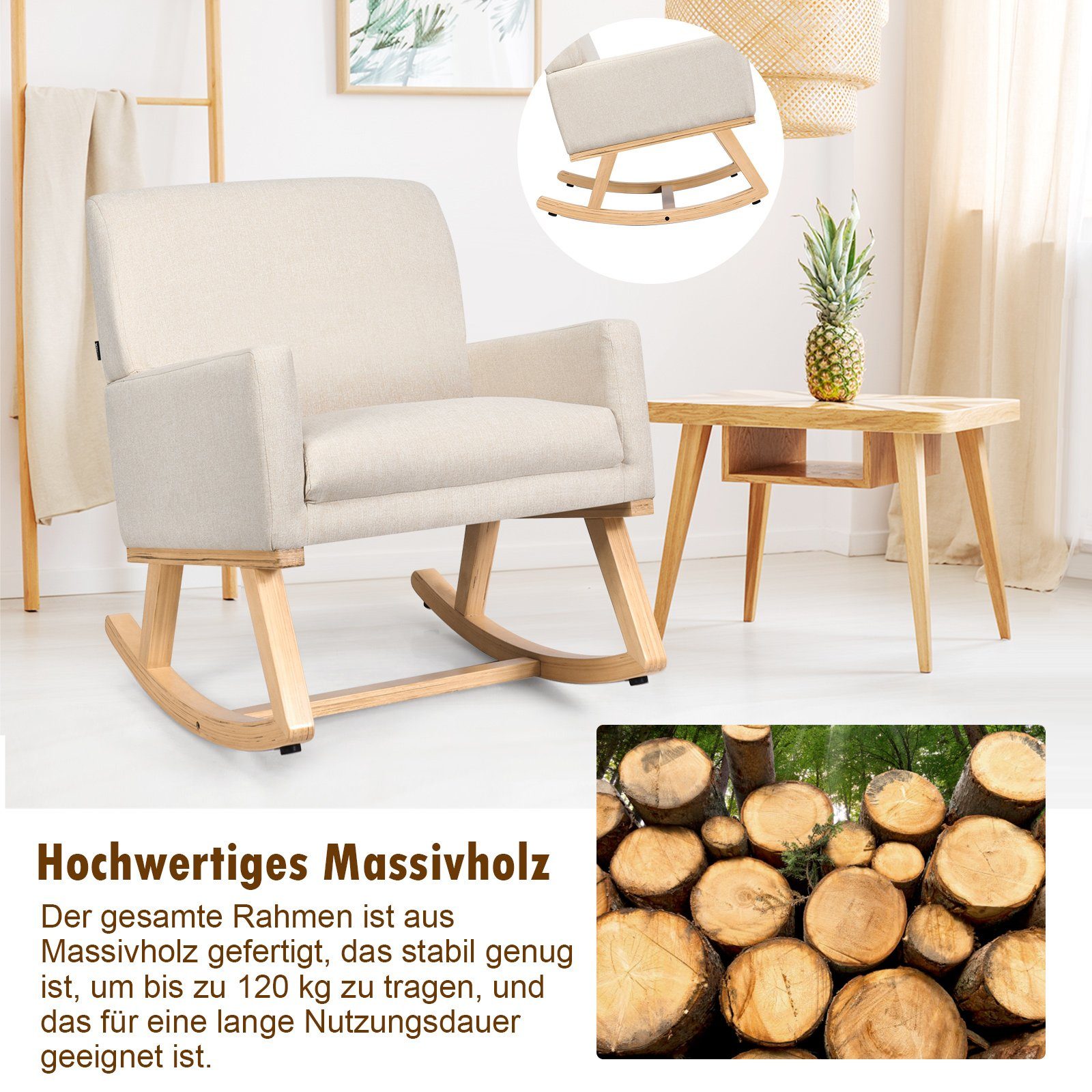 COSTWAY Schaukelstuhl, gepolstert, aus Massivholz, bis 120kg belastbar
