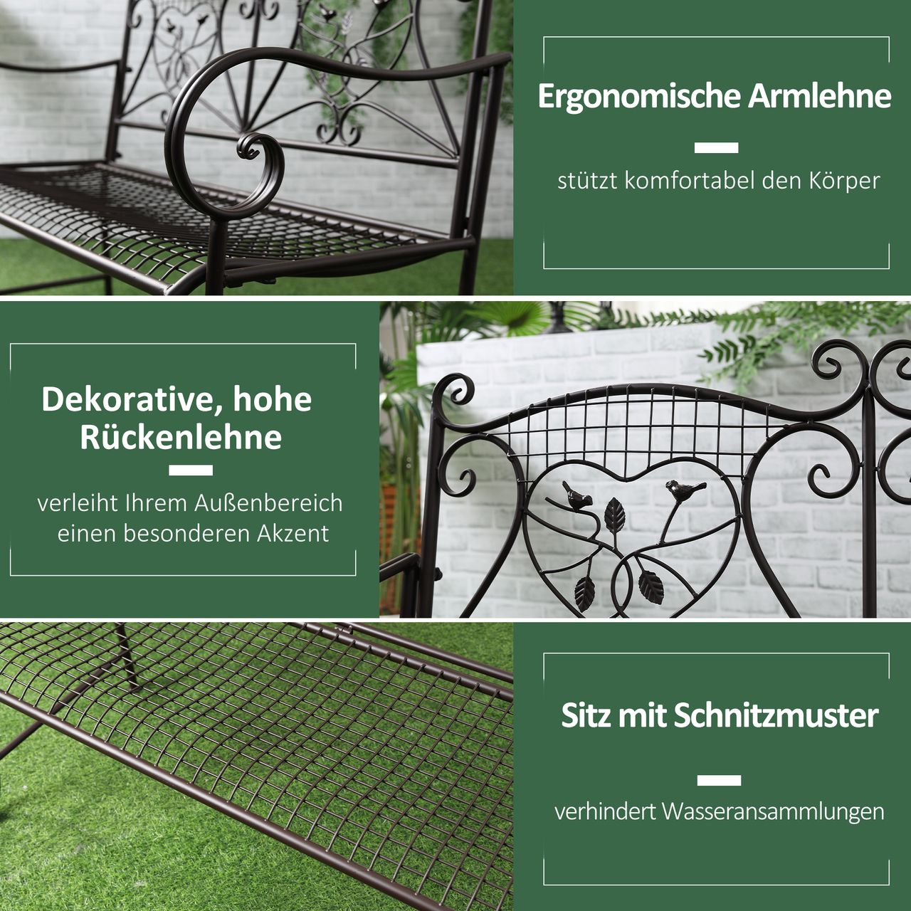 Outsunny Gartenbank 2-Sitzer Parkbank Sitzbank mit Rückenlehne bis 220 kg Gartenmöbel wetterfest Antik Metall Kaffee 114 x 53,3 x 91 cm