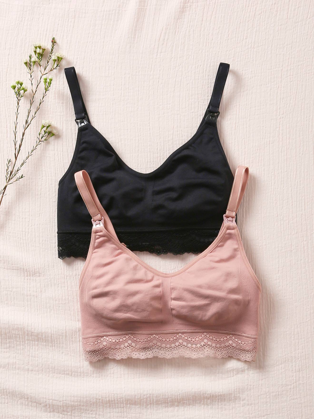 Lot de 2 brassières grossesse et allaitement sans coutures détail dentelle lot noir / rose