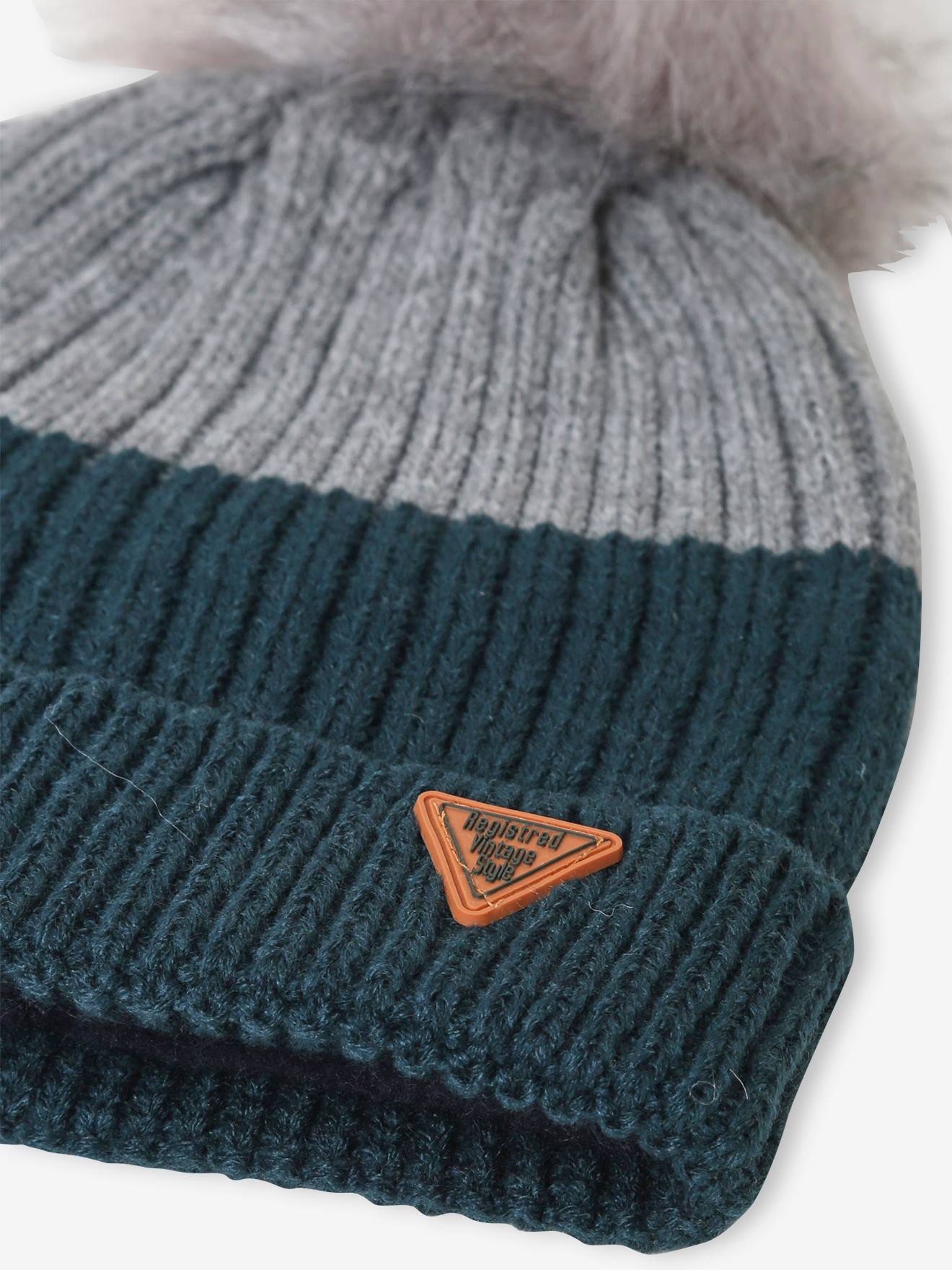 Bonnet garçon bicolore en maille bleu ardoise