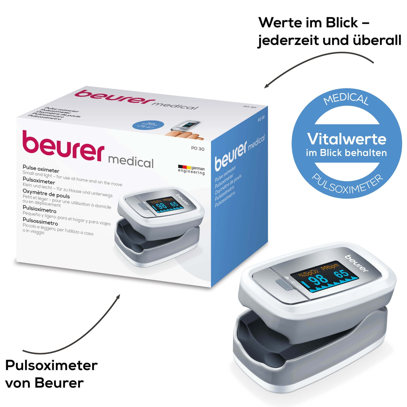 Beurer Pulsoximeter PO 30-Handliches Pulsoximeter zur Messung der Sauerstoffsättigung & Herzfrequenz