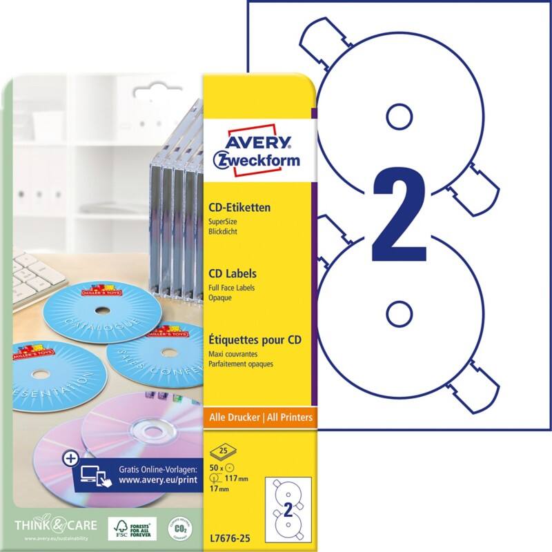 AVERY Zweckform CD/DVD Etiketten L7676-25 haftend DIN A4 Weiß 117 mm 25 Blatt à 2 Etiketten