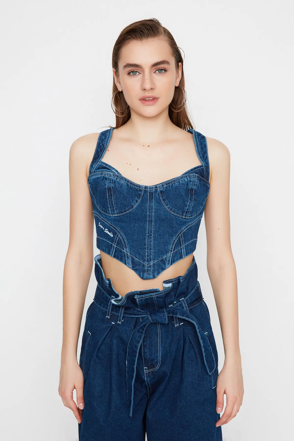 Trendyol Collection  X Sagaza Studio Marineblaue Jeansbluse TPRAW22BZ1118