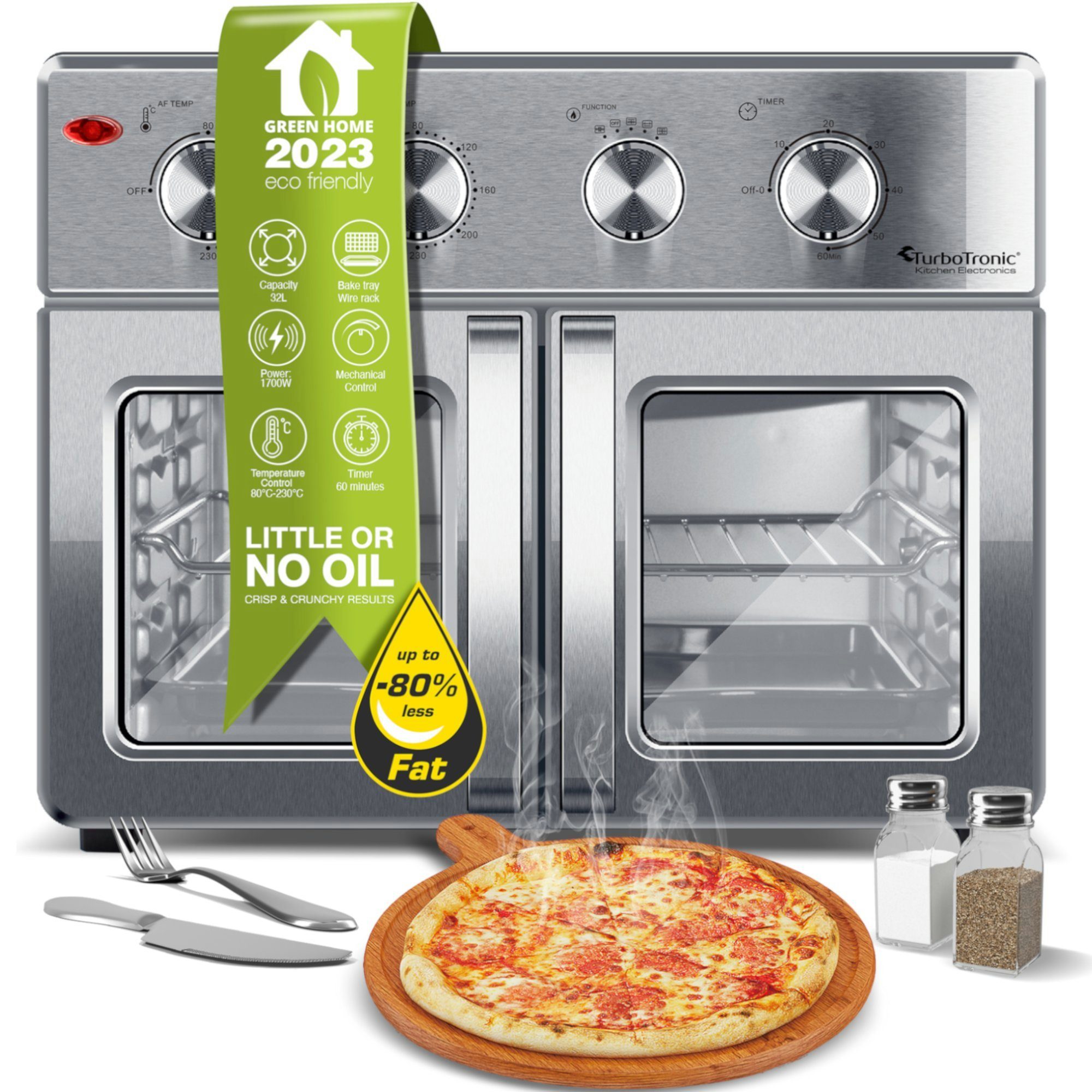 TurboTronic by Z-Line Minibackofen Digitaler Heißluftofen XXL, AF32MFD -32 Liter mit Drehspieß 4in1