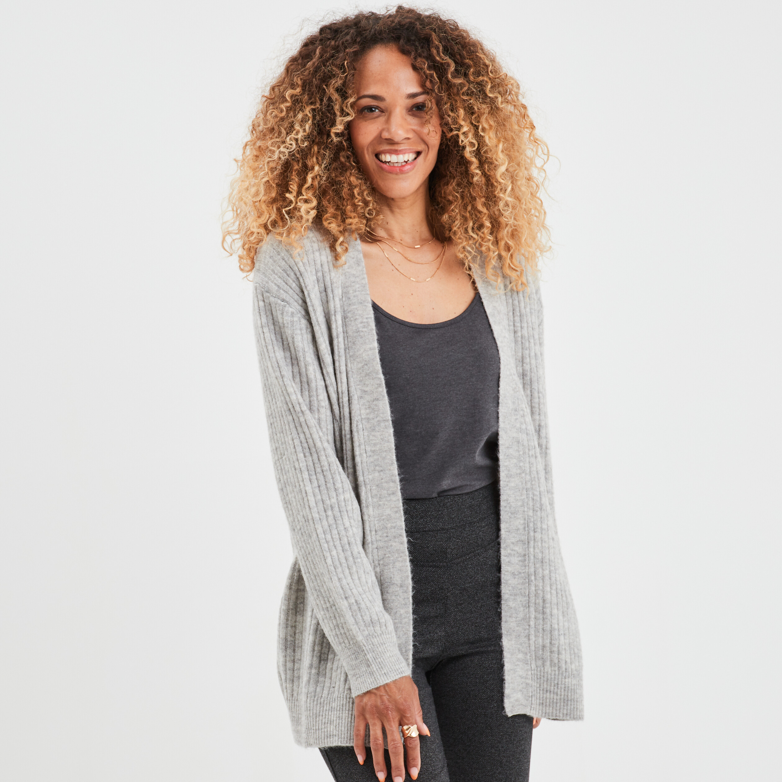 Gilet mi-long côtelé manches longues gris clair femme | La Halle