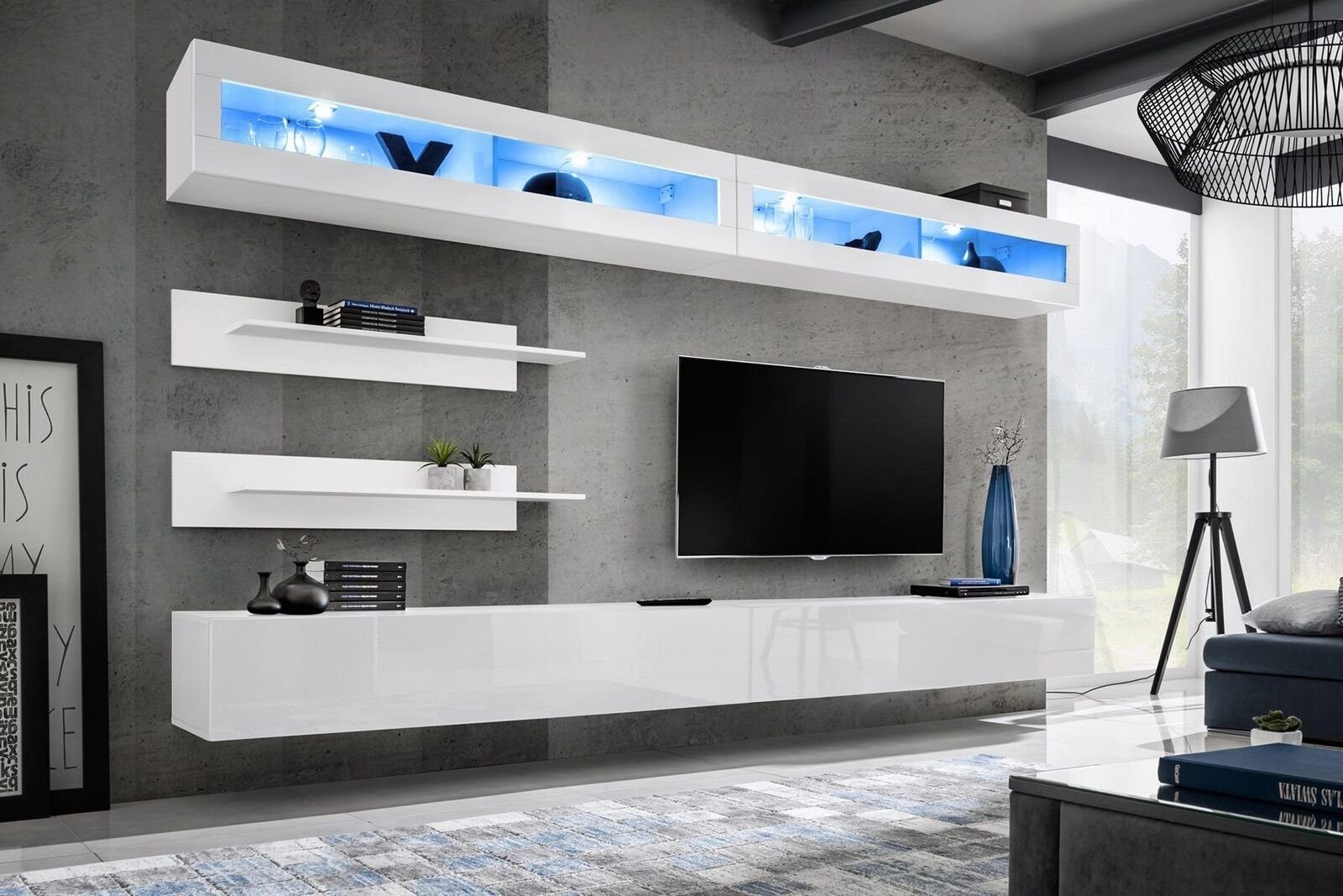 JVmoebel Wohnzimmer-Set Modern Wohnzimmer Set 7 tlg 2x TV-Ständer Design Wandschrank Neu, (7-St., 1x Wohnwand + 2x TV Ständer + 2x Wandschrank + 2x Wandregal), Made in Europa
