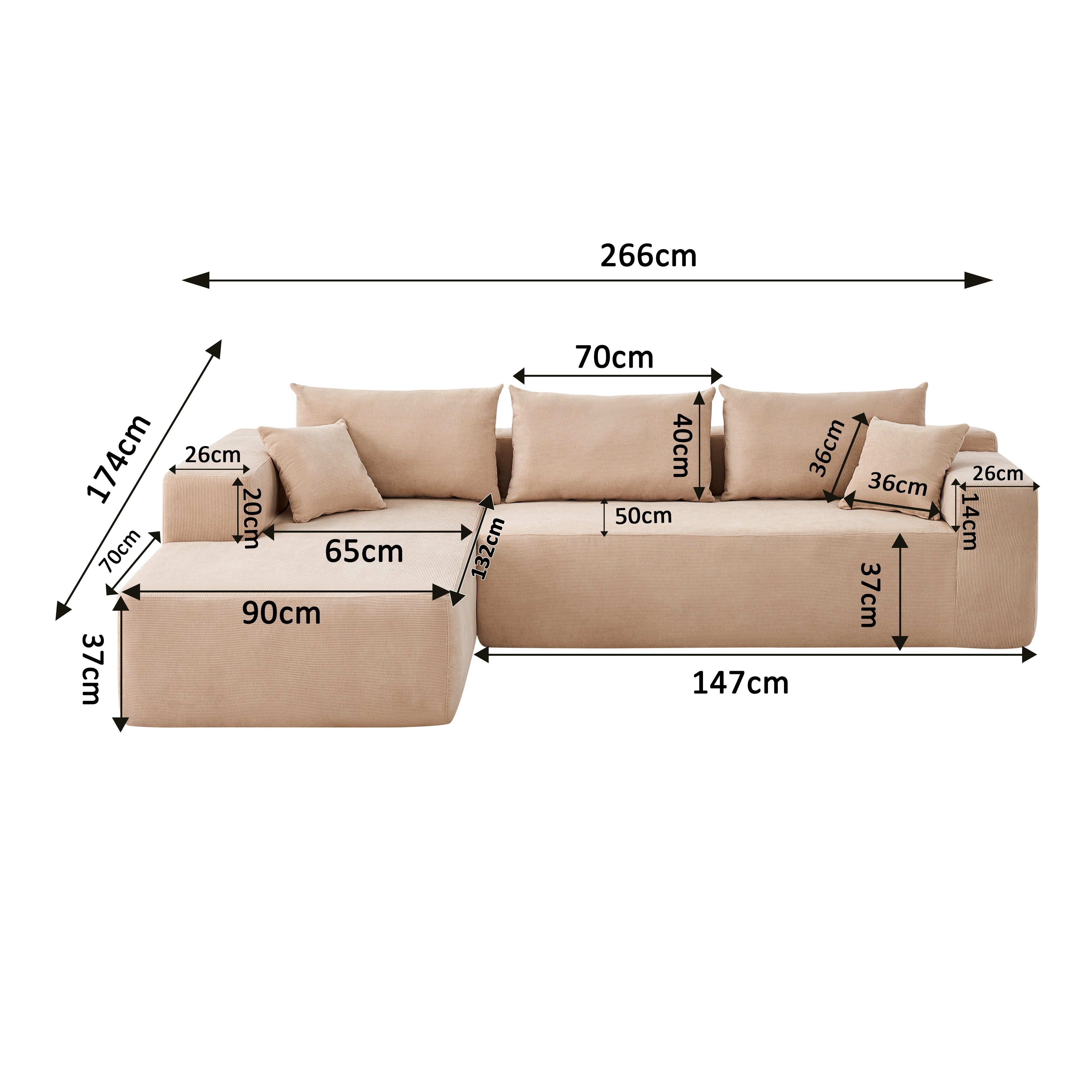 OKWISH Ecksofa L-Form Ecksofa Home affaire Ecksofa Chenille mit 5 losen Rückenkissen, Komprimierte Verpackung Gesamtmaße: 104,70 x 68,50 x 29,13 Zoll (L x B x H), 72 Stunden platzieren, um Flauschigkeit wiederherzustellen