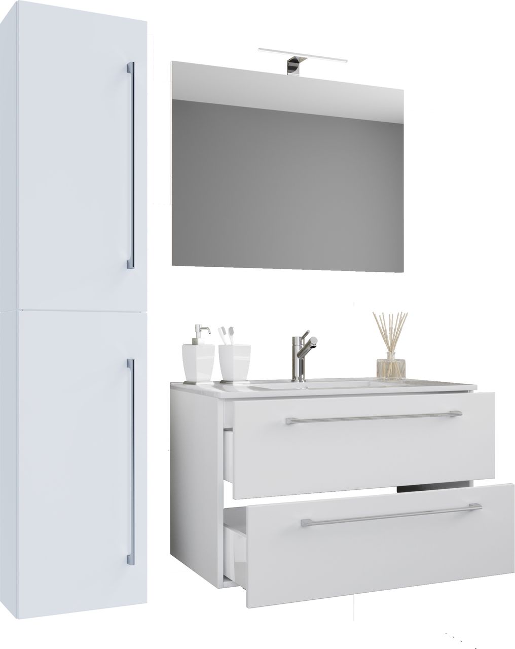 VCM Waschplatz Badinos 80 cm Spiegel & Hochschrank 4-tlg. Weiß