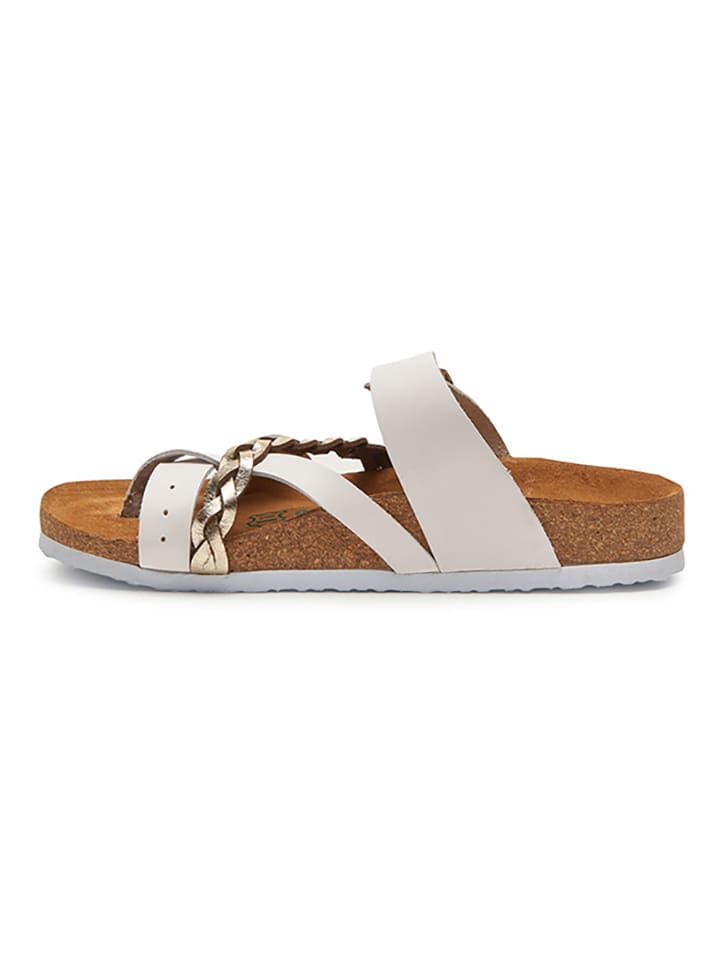 Comfortfusse Leder-Zehentrenner in Gold/ Weiß günstig kaufen