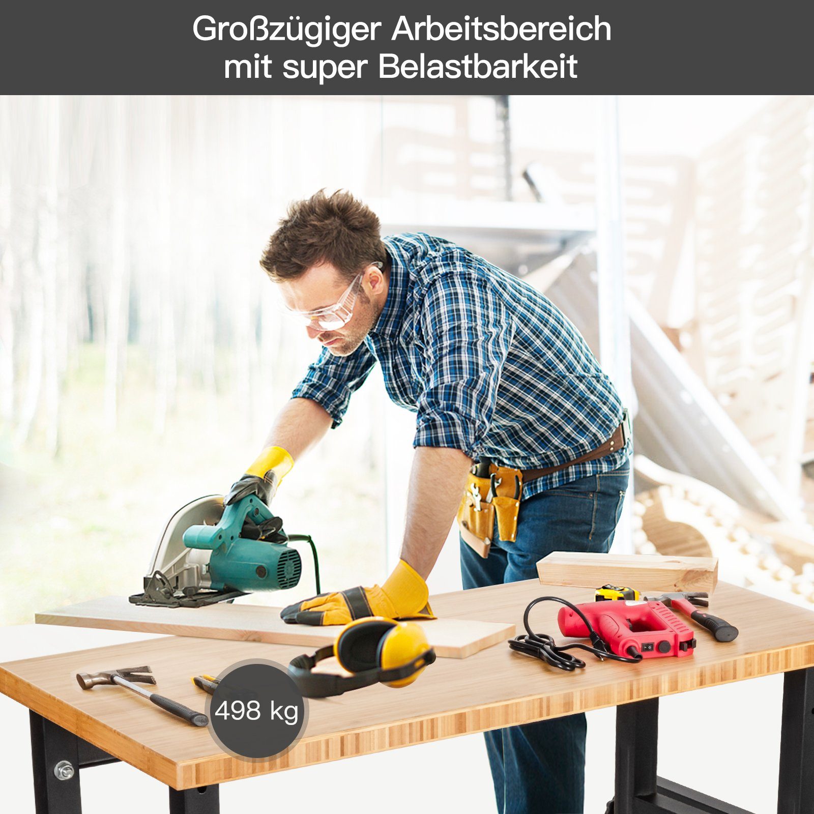 COSTWAY Werkbank, Höhenverstellbar, mit Rollen & Arbeitsfläche, 120cm