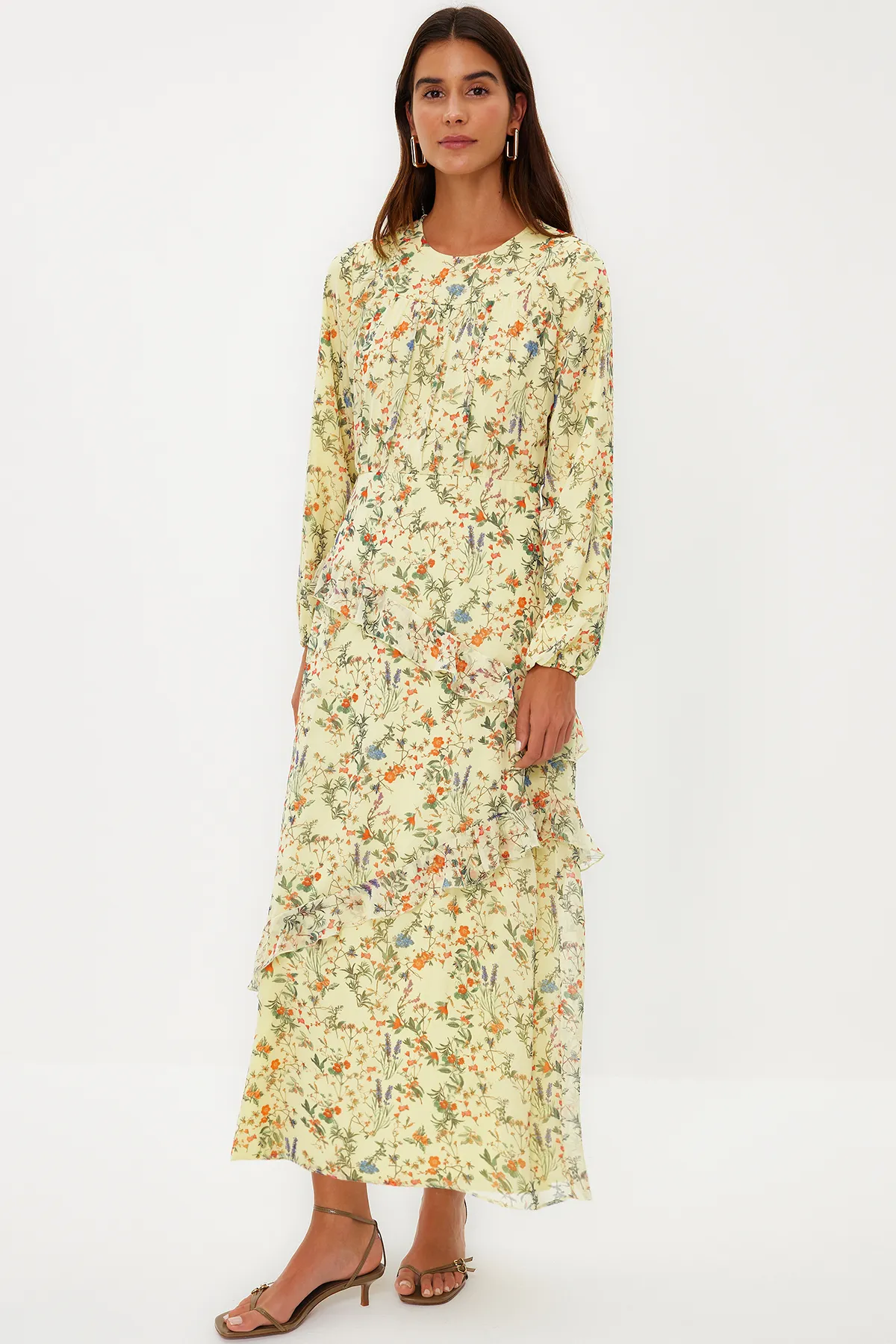 Trendyol Modest  Gewebtes Kleid mit Lagenrock aus grünem Chiffon TCTSS24EB00032