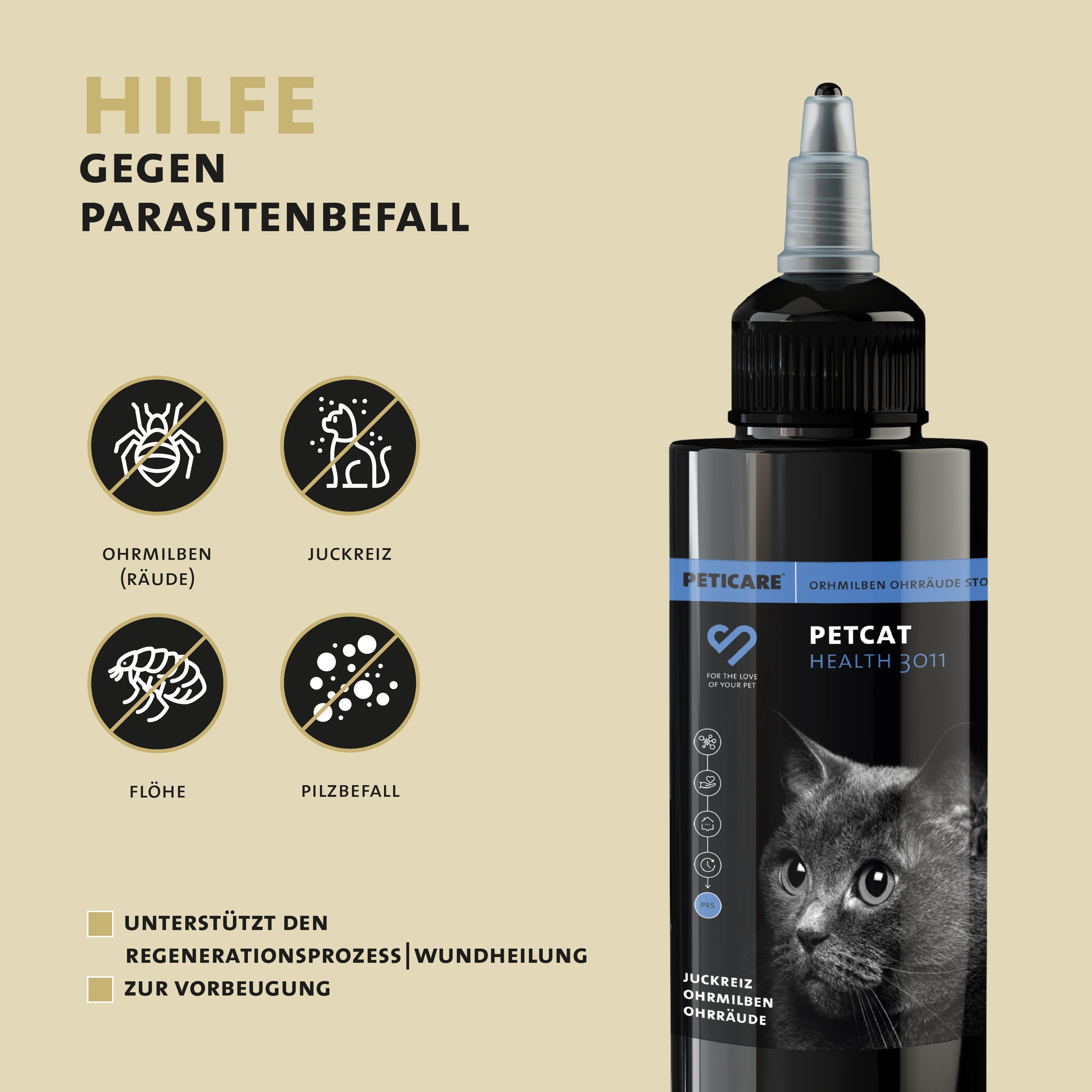 Peticare Ohrenreiniger petCat Health 3011 - Ohrmilben, Ohrräude Lotion für Katzen (100 ml), 1-tlg., kein Neemöl, kein Teebaumöl, keinen Schwarzkümmel, keine Terpene