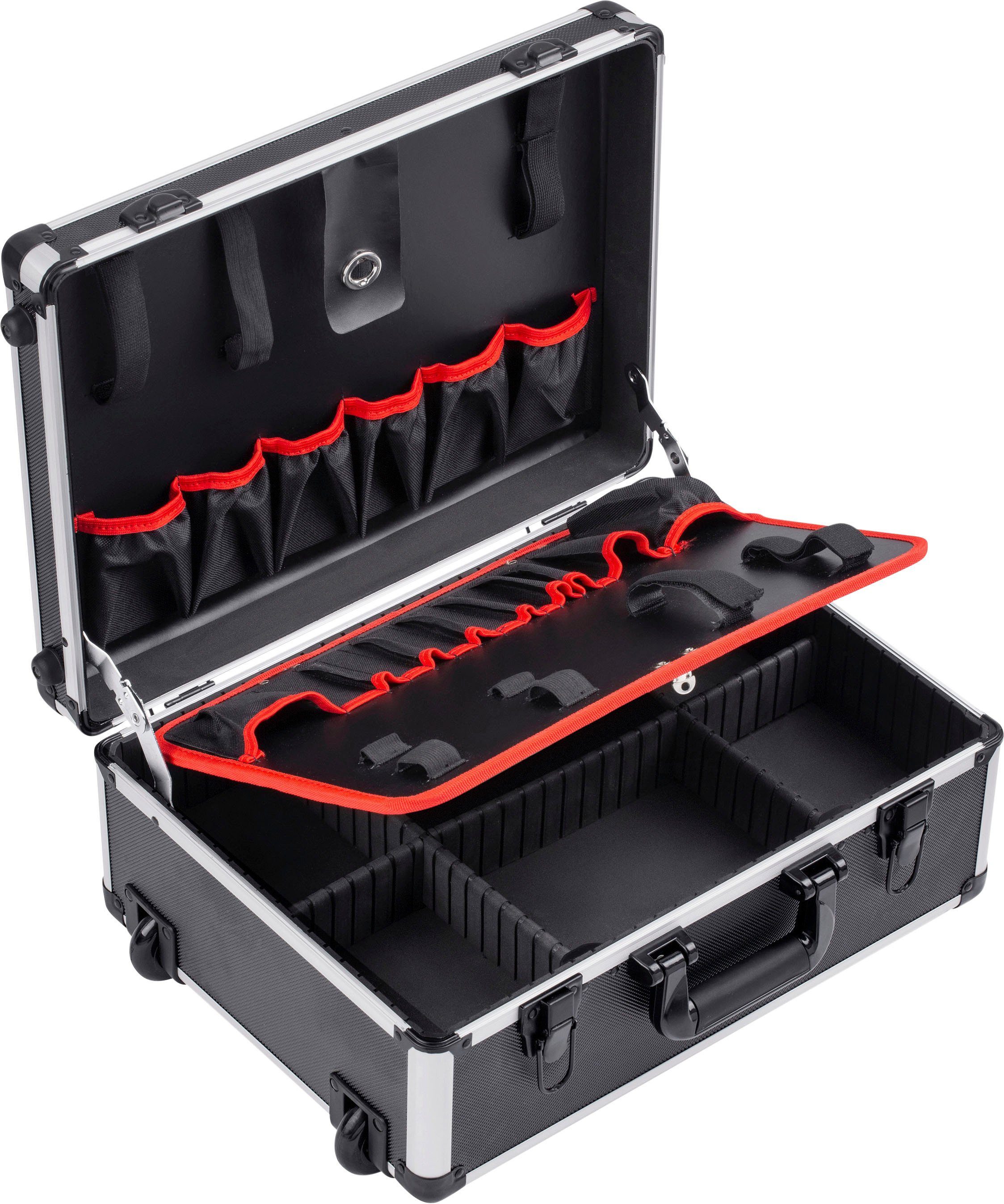meister Werkzeugtasche Werkzeugkiste leer/ 9095080, 46x35x19 cm, mit Rollen, 15 Werkzeugtaschen, Alu