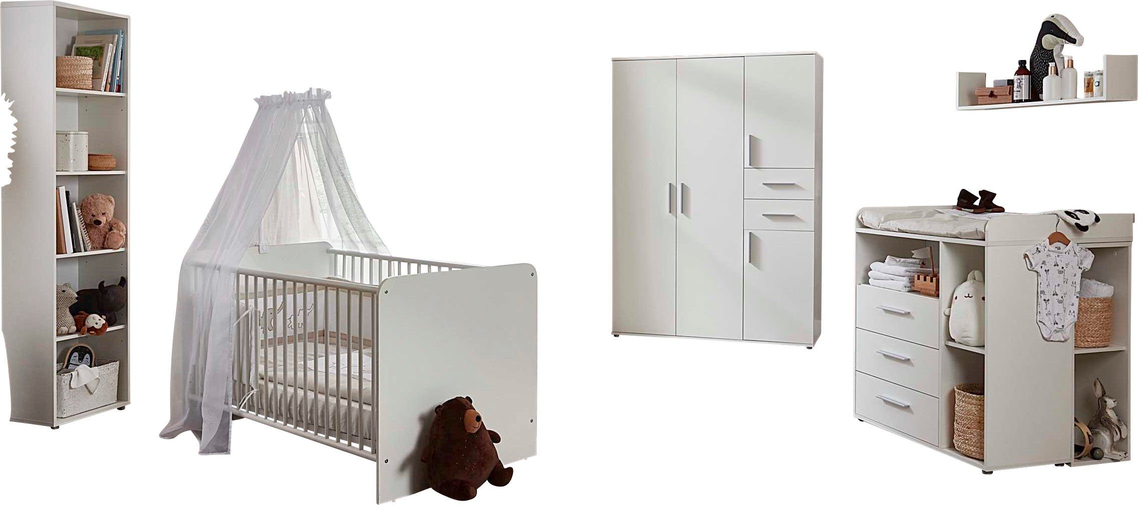 BMG Möbel Babyzimmer-Komplettset Lea, (Set, 7-St., Bett, Wickelkommode, Schrank, Standregal, Unterstellregal, Wandboard), Bett + Wickelkommode + 4-trg. Schrank + Standregal + Unterstellregal