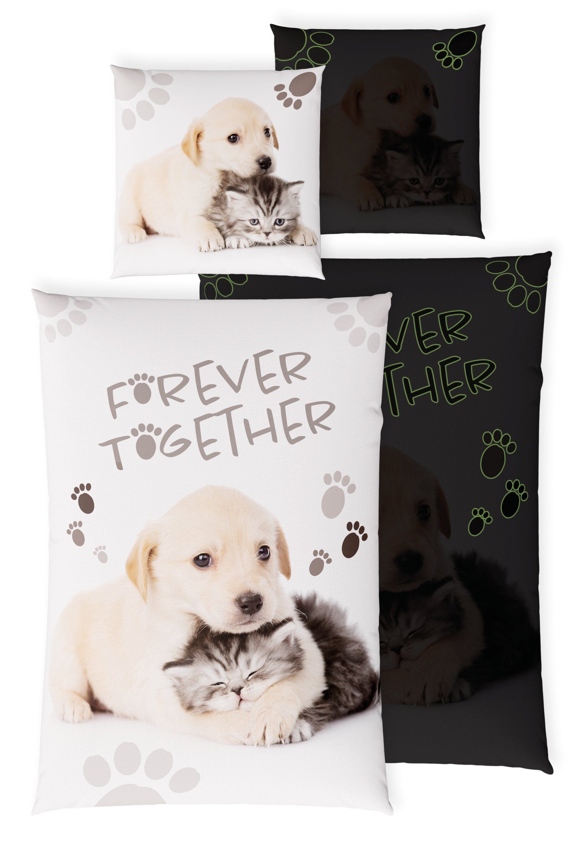 Kinderbettwäsche Leuchtende Bettwäsche 135x200 Kinder Bettwäsche Tiere + 10 SPIELE, Carpe Sonno, Baumwolle, 2 teilig, GLOW IN THE DARK Tier Bettwäsche Hund Katze