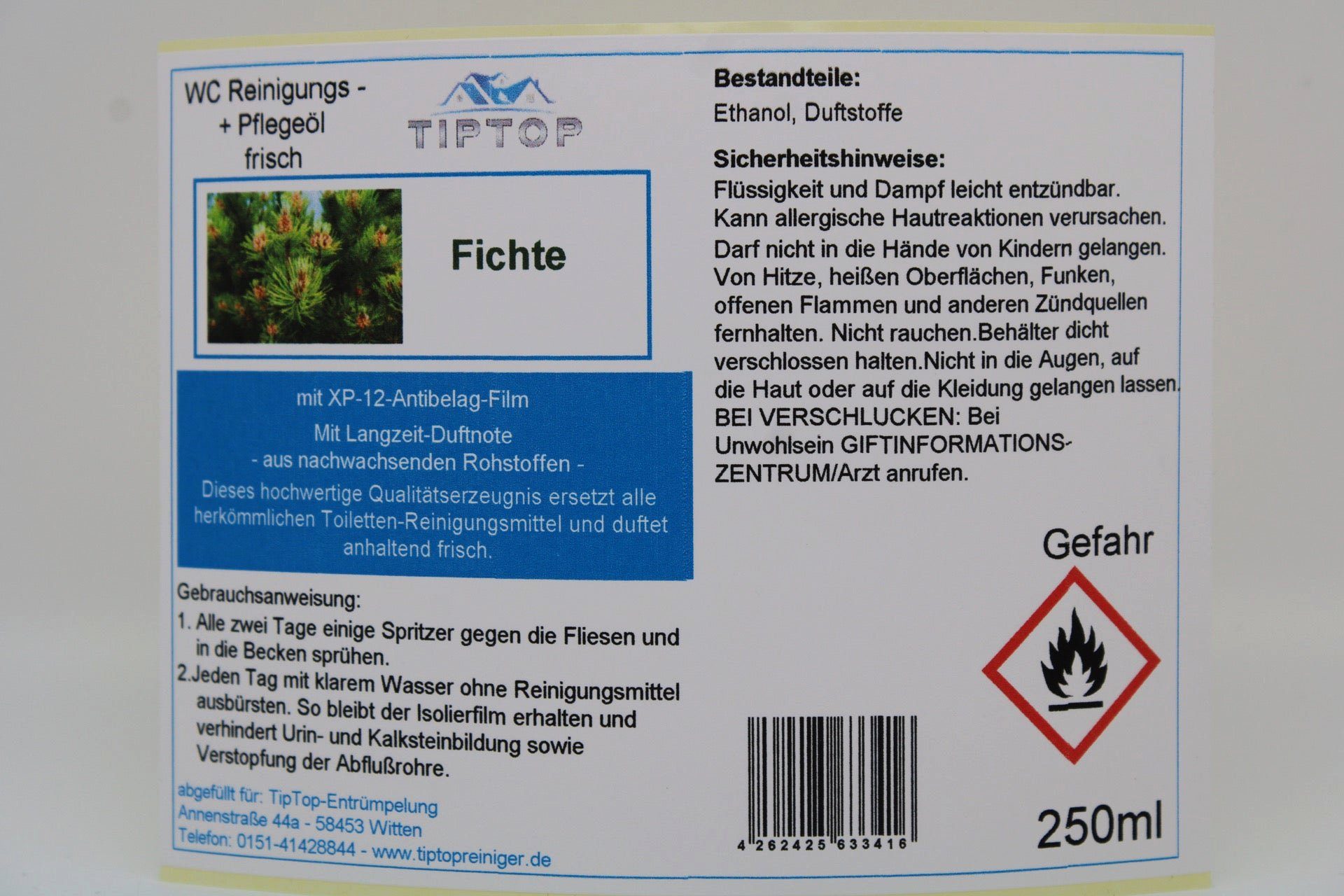 TIPTOP Raumduft WC Reiniger Reinigungs und Pflege Öl frisch 250 ml (verschiedene Duftnoten, Alpenkönig, Cool, Eukalyptus, Fichte, Lavendel, Pfefferminze, Zirbe, Neutral ohne Duft)