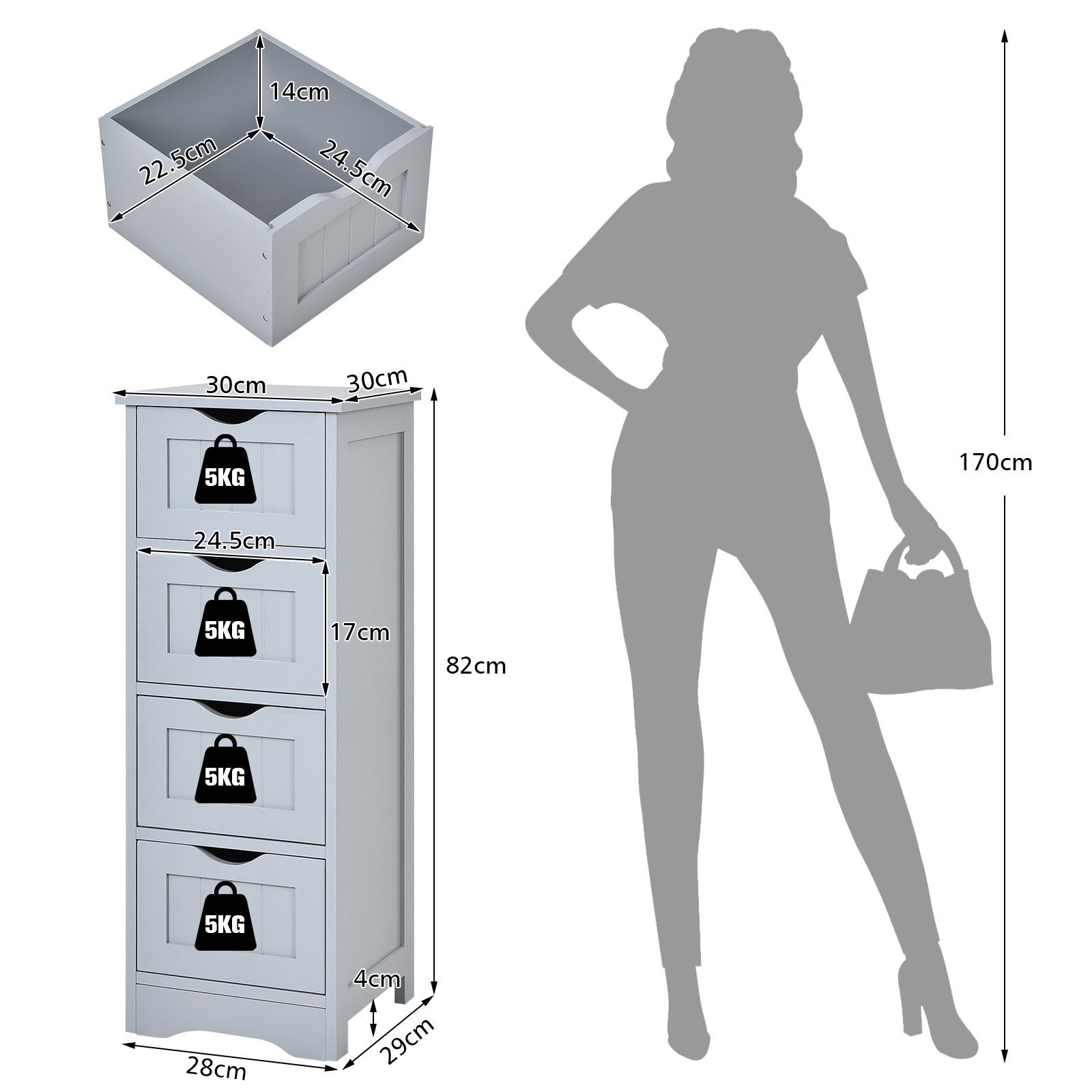 COSTWAY Badkommode Badezimmerschrank, mit 4 Schubladen, 82cm, Kippsicherung