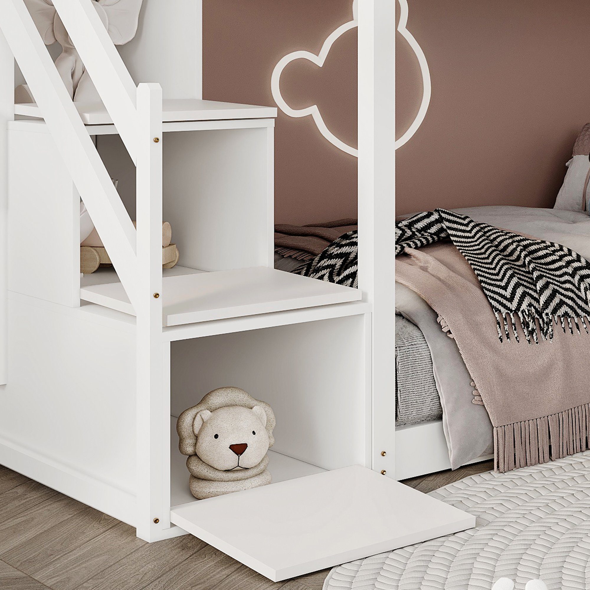 OKWISH Etagenbett Etagenbett mit Treppe, Kinderbett, Gästebett, Bett (mit Treppe, Fenster und Regalkasten, 3 Schließfächer in der Treppe, mit Fallschutzgitter), Rahmen aus massivem Kiefernholz, Ohne Matratze