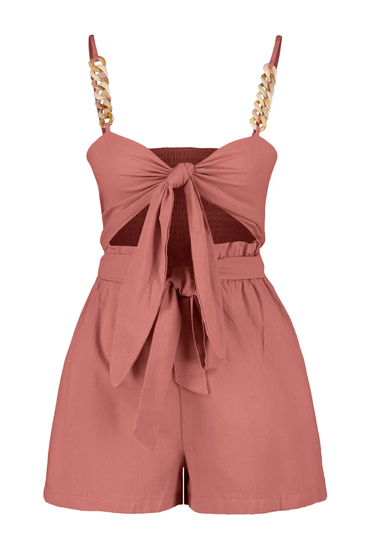 Trendyol Collection  Blusen-Shorts-Set aus 100 % Baumwolle mit braunen gewebten Accessoires TBESS23AU00073