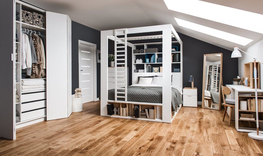 QMM TraumMöbel Himmelbett Himmelbett 160x200 Calgary mit Lattenrost Bettkasten und Regal, inklusive Bettkasten, mit integriertem Bücherregal