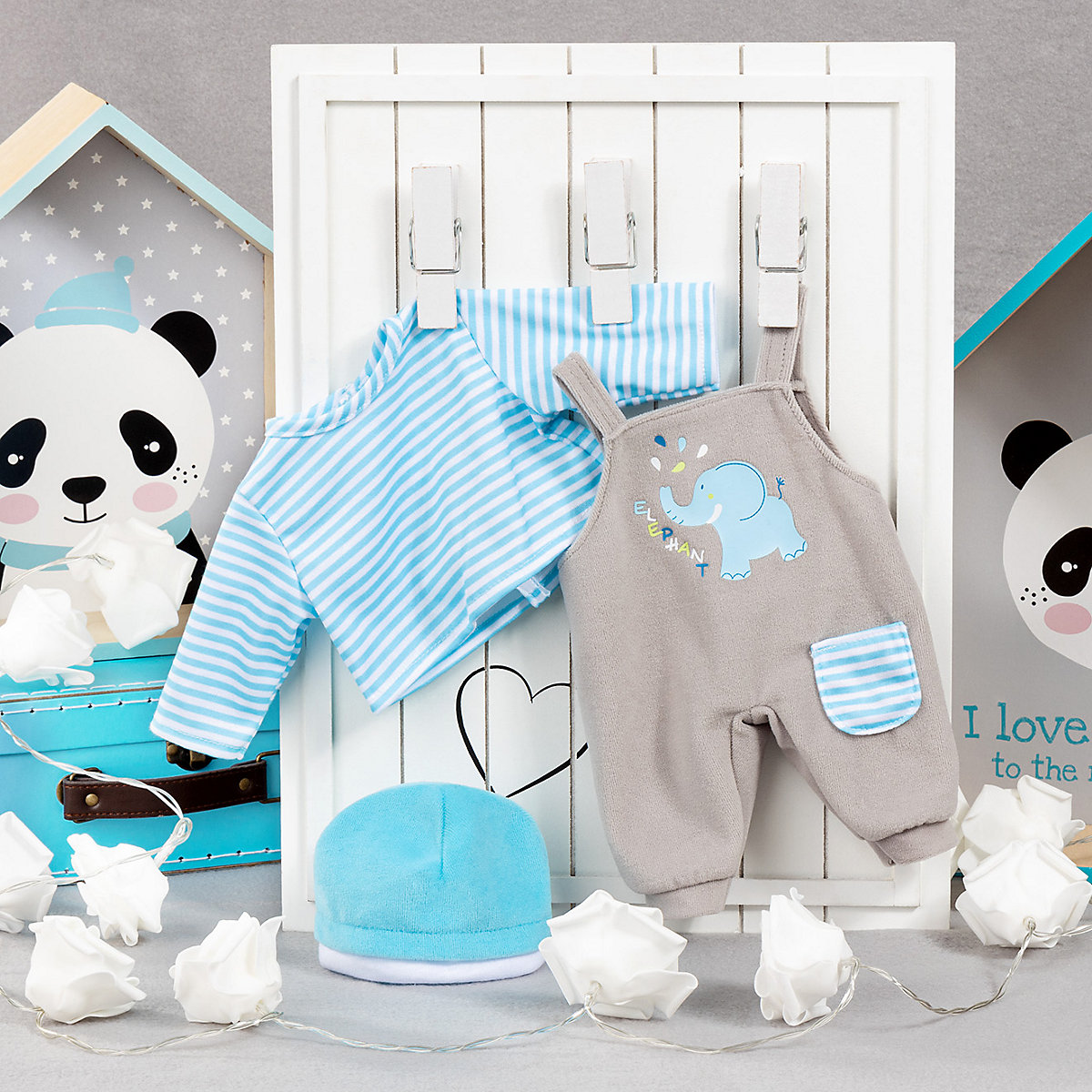 Kleider für Puppen 40-46 cm: 3-tlg. - Latzhose, Oberteil, Mütze, blau/grau