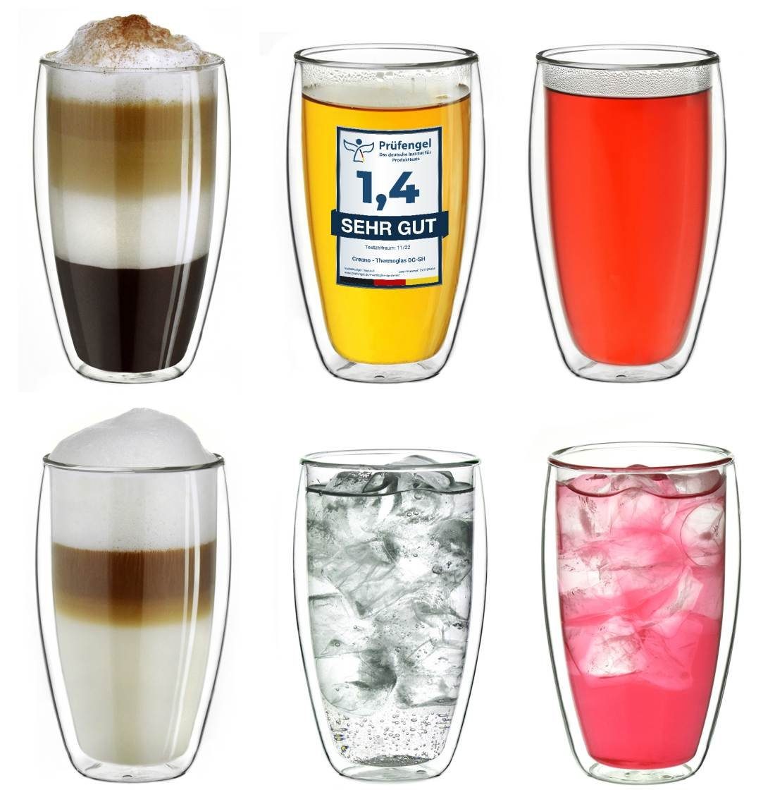 Creano Teeglas Creano doppelwandiges Thermoglas 400ml „DG-SH“, großes Doppelwandglas, Borosilikatglas, 6 Gläser