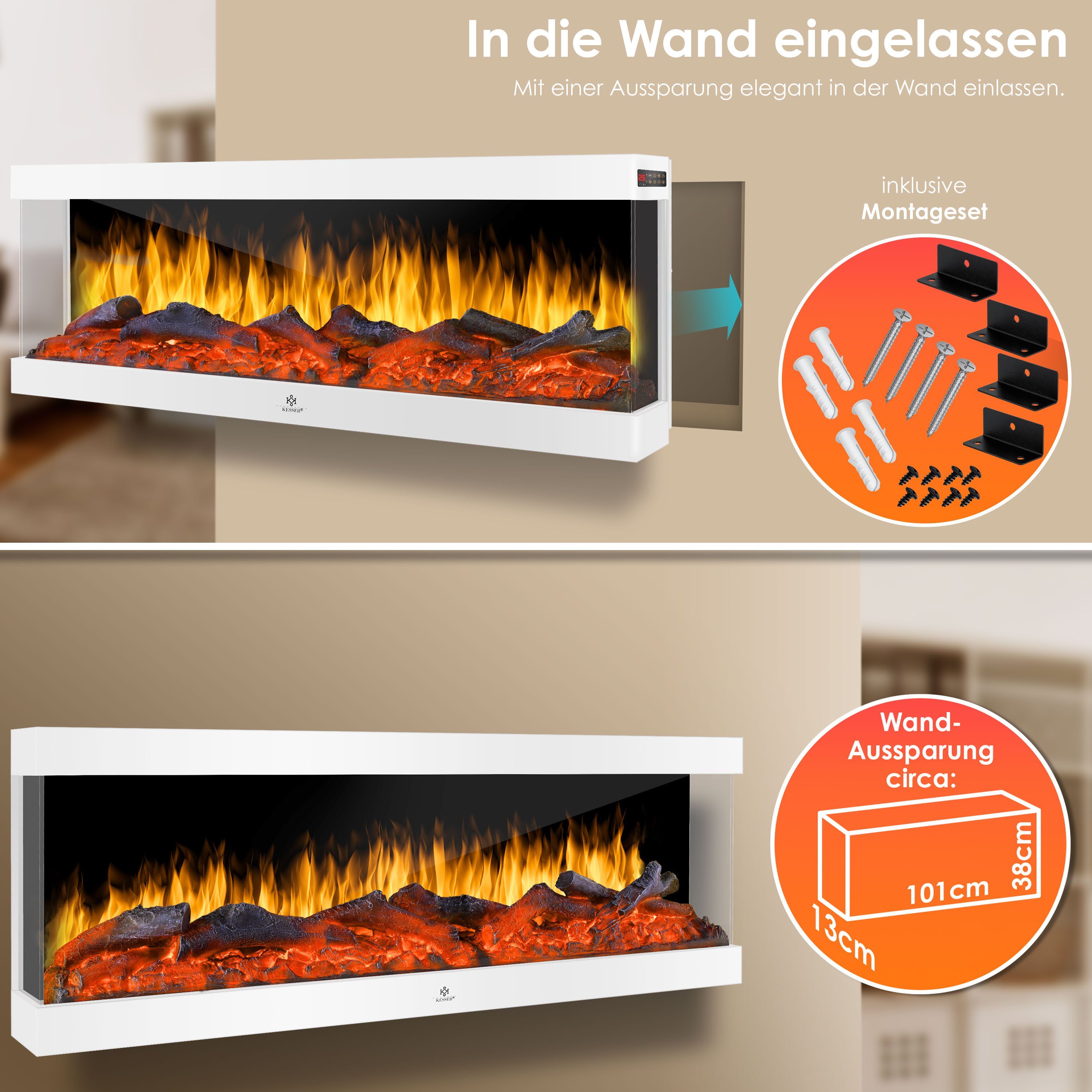 KESSER Elektrokamin, Kaminofen Elektrokamin Wandkamin 9 Farbmodi LED Flammen