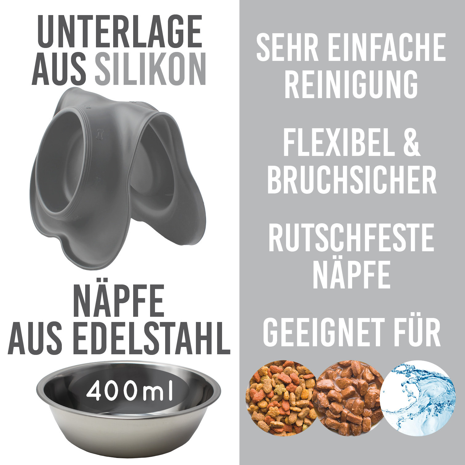 KaraLuna Futternäpfe KaraLuna Napfunterlage mit 4 Näpfen grau 400 ml