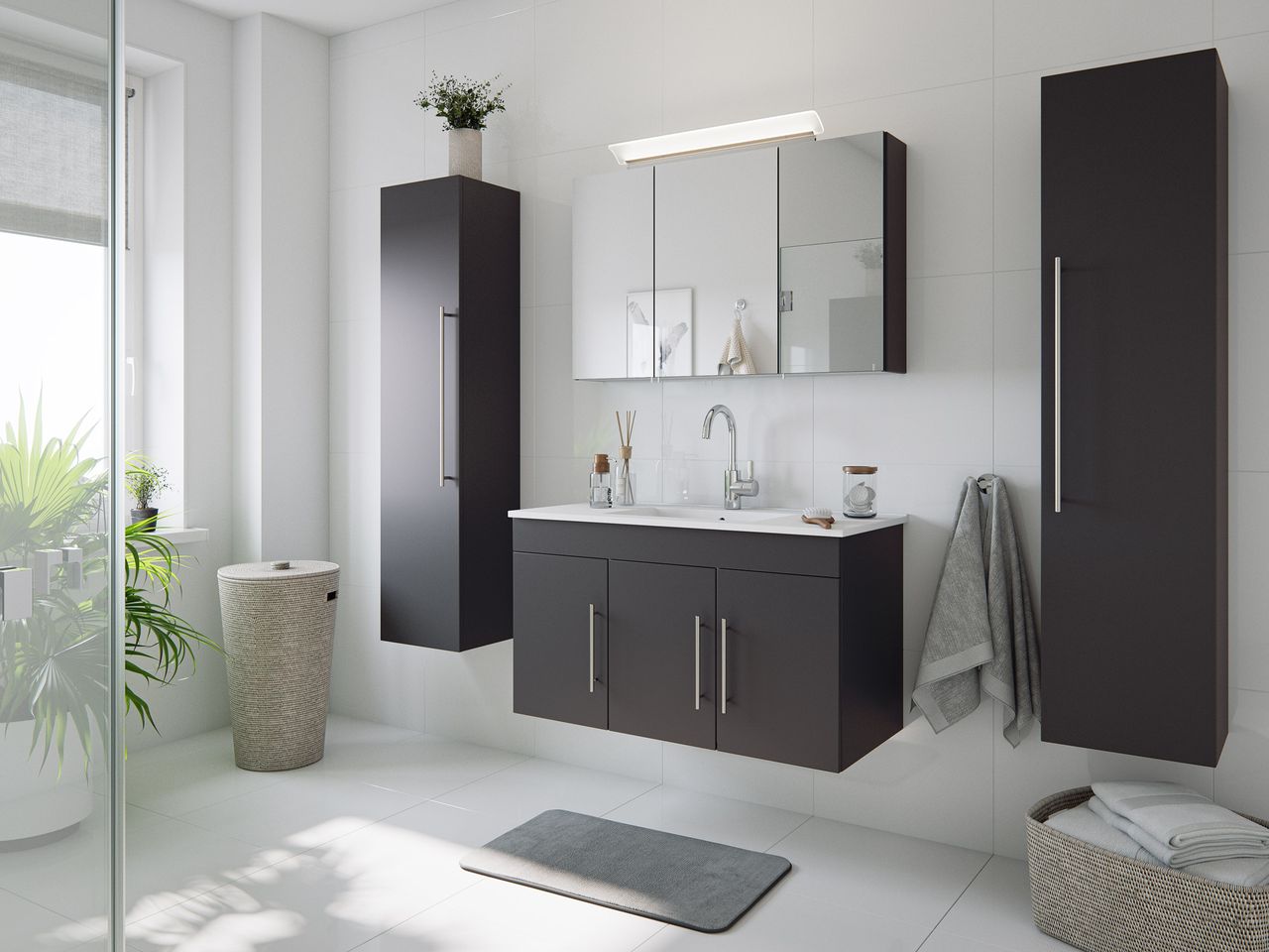 Posseik Badmöbel-Set Teramo 100 cm (4-teilig) anthrazit seidenglanz EEK: F