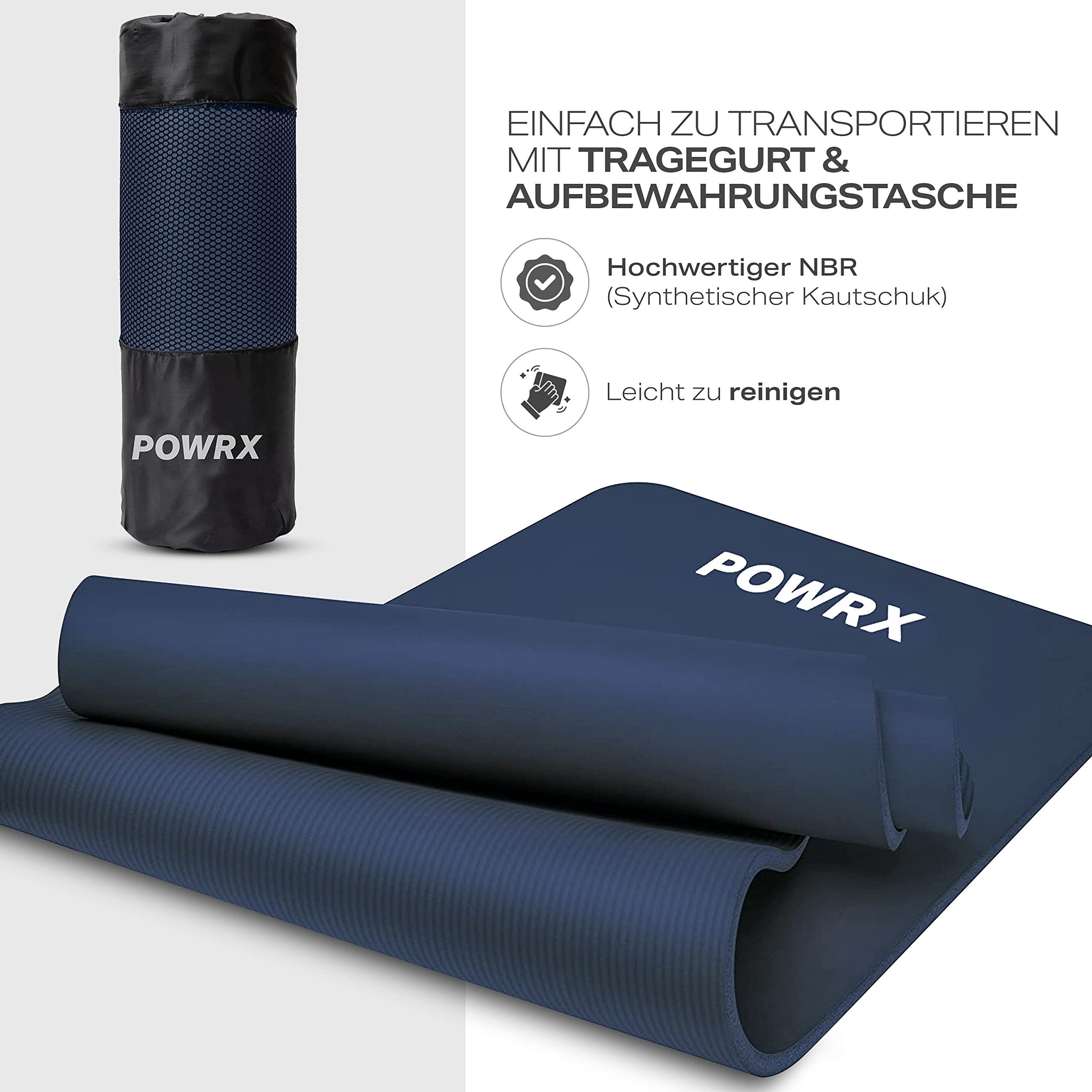 POWRX Yogamatte Gymnastikmatte Yogamatte (Navy, 190x60cm) + Tragegurt + Tasche., Navy 190 X 60 X 1 Cm