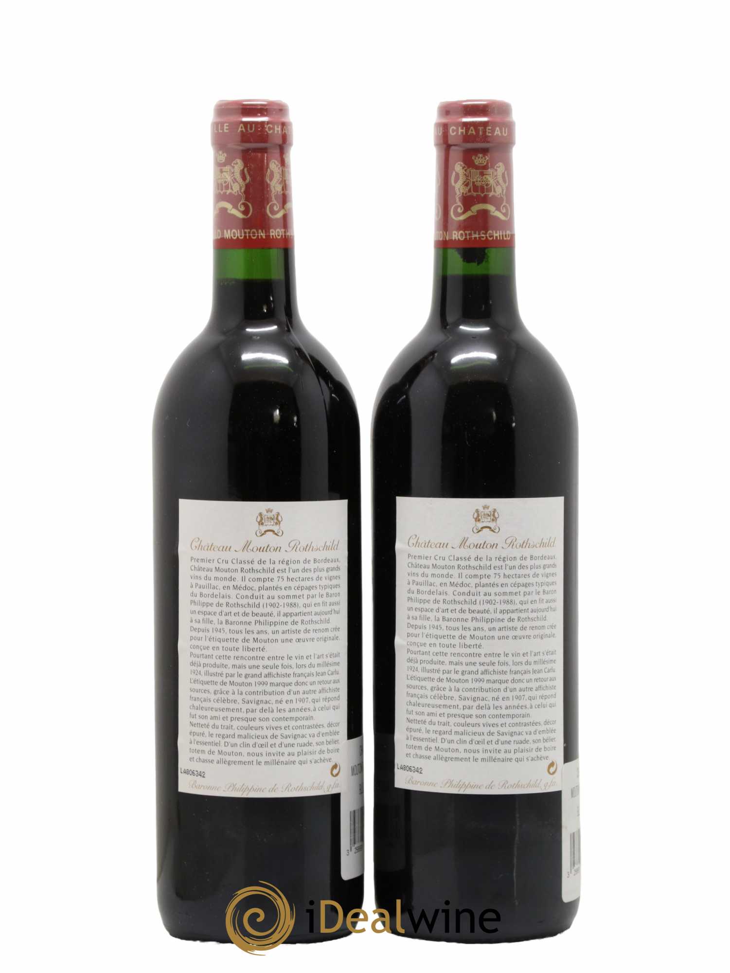 Château Mouton Rothschild 1er Grand Cru Classé  1999 - Lot de 2 Bouteilles