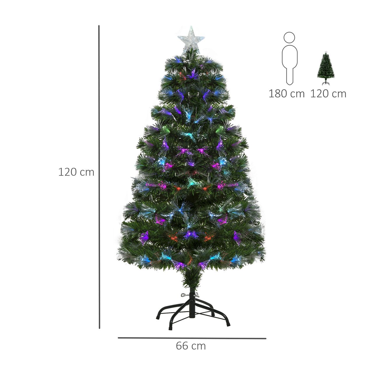 HOMCOM Weihnachtsbaum 1,2 m Christbaum Kunsttanne 130 Zweige Metallfuß PVC mehrfarbige Lichteffekte Ø66 x 120H cm