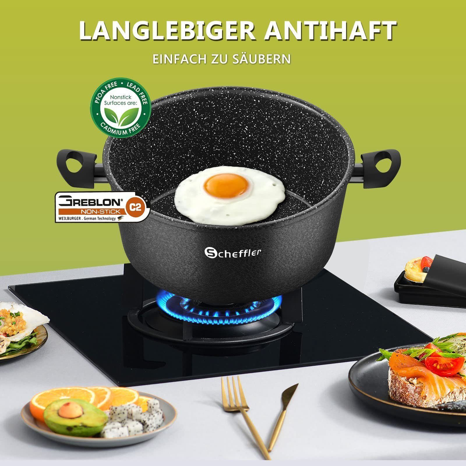 Scheffler Topf-Set Töpfe und Pfannen Antihaftbeschichtung Kochgeschirr Set mit Glasdeckel, Aluminium (3-tlg., Töpfe Set mit Glasdeckel), Induktionsgeeignet
