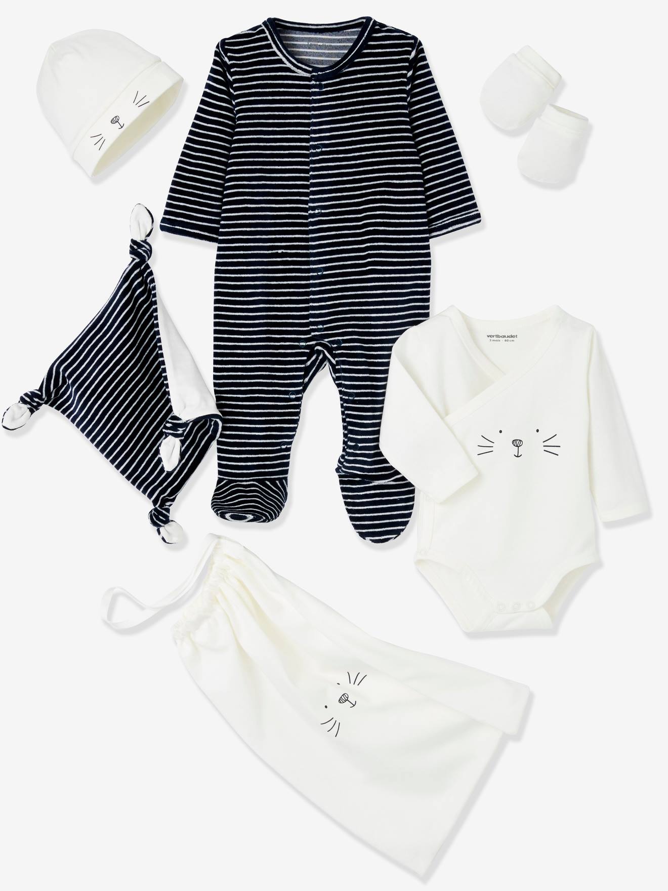 Vertbaudet 5-teiliges Baby-Set mit Beutel, Print mit Katze oder Hund Oeko Tex - wollweiß katze/nachtblau gestr