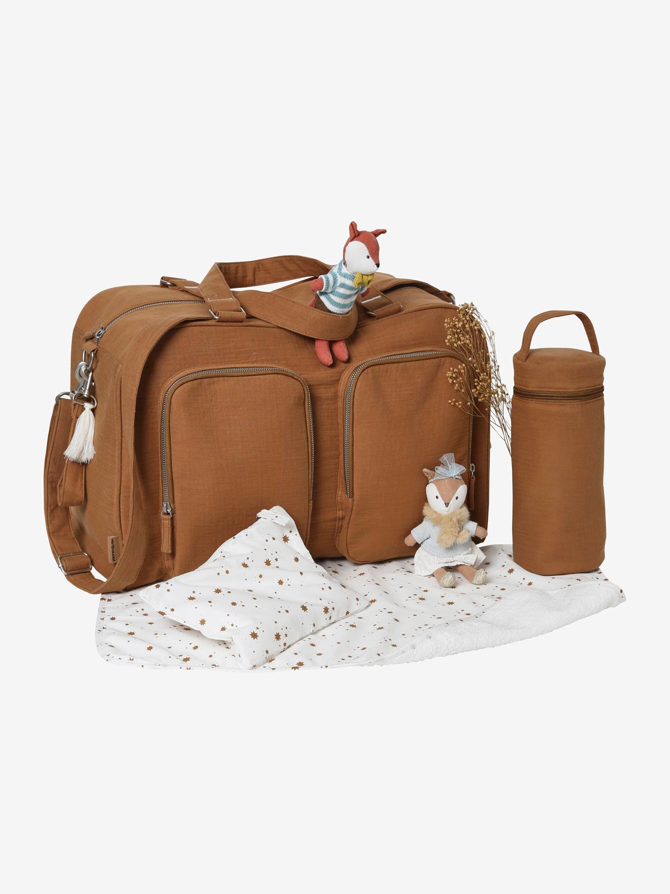 Sac à langer multipoches en gaze de coton Family L caramel