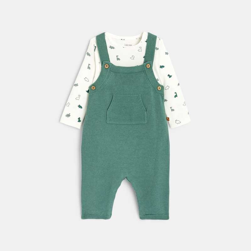 Salopette en maille tricot et body dinosaures verte naissance