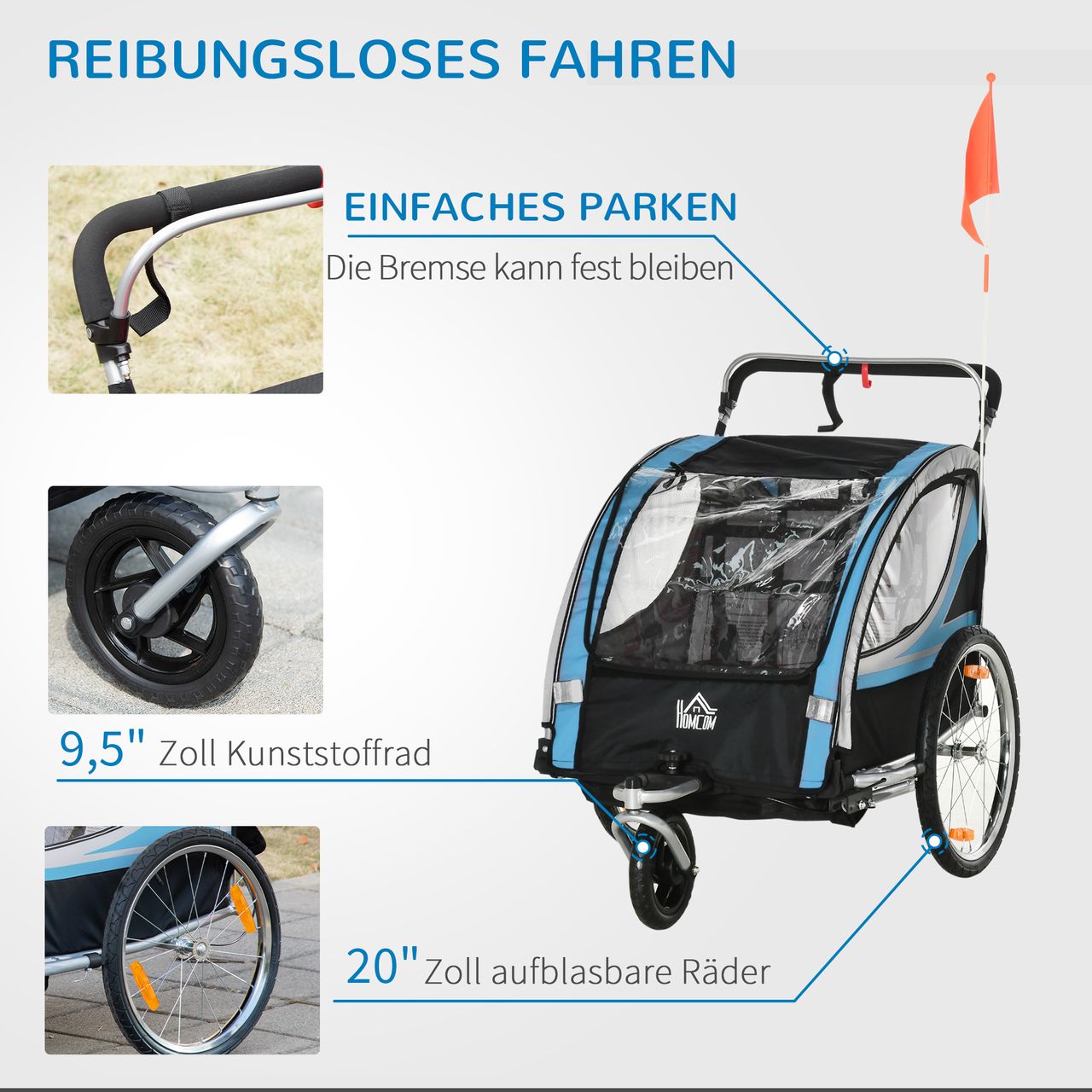 HOMCOM 2 in 1 Kinderfahrradanhänger, Kinderanhänger mit Federung, Blau Schwarz