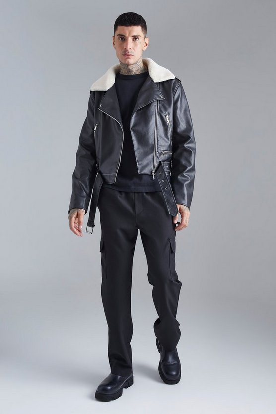 Kastige PU-Bikerjacke mit Borg-Kragen
