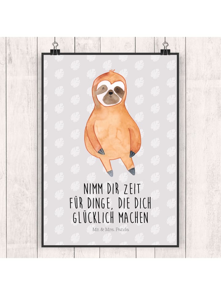 Mr. & Mrs. Panda Poster Faultier Zufrieden mit Spruch in Grau Pastell günstig kaufen