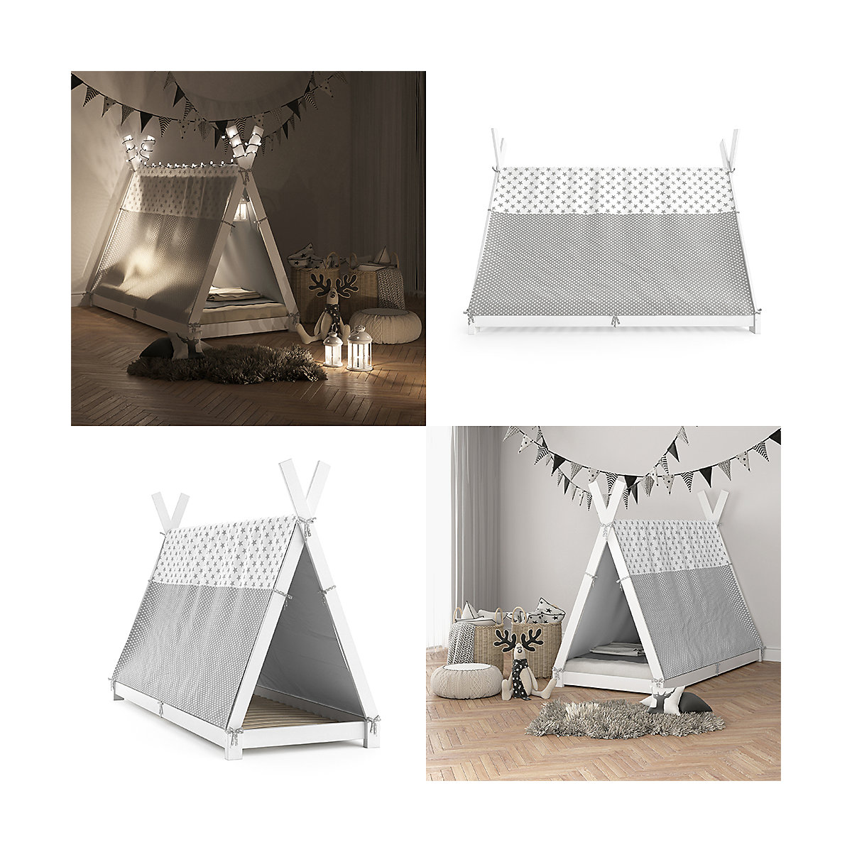 Kinderbett Hausbett Tipi + Überwurf 90x200cm Indianerzelt Indianerbett